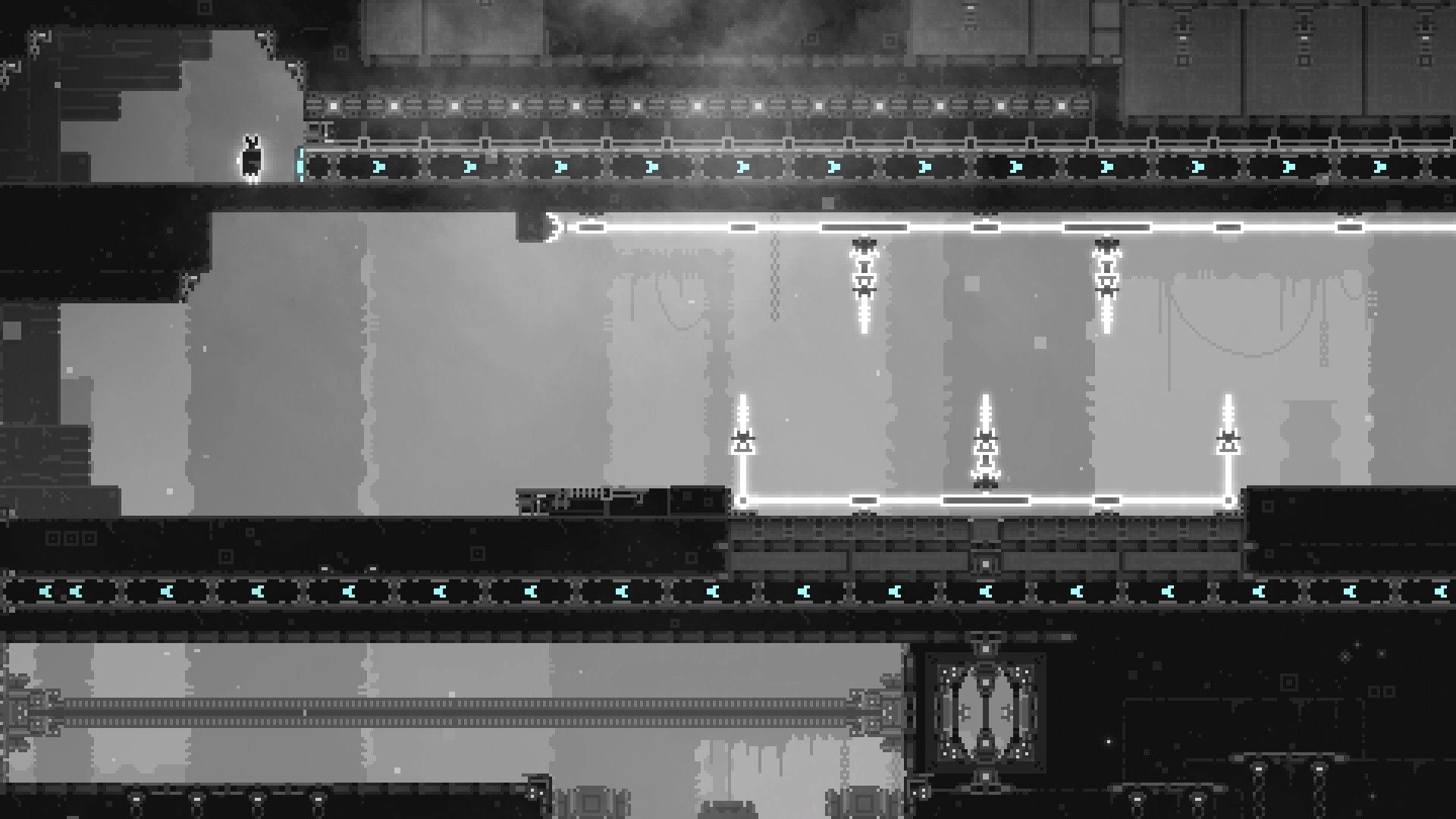CHASM SHIFT: Character navigating pixelated maze with spikes and platforms in a dark, industrial setting