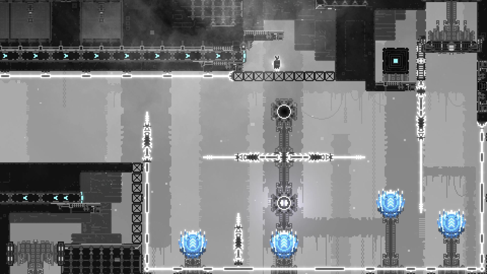 CHASM SHIFT: Character navigates platforms with spinning hazards and glowing blue orbs in a gray dungeon