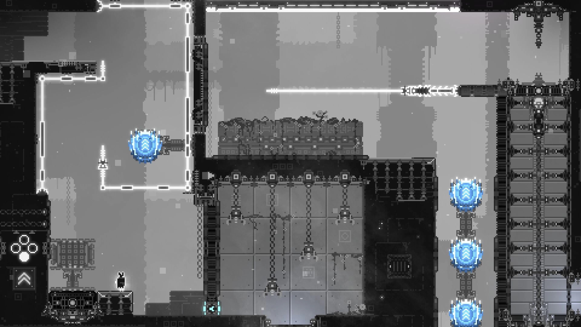 CHASM SHIFT: Character navigates platforms and lasers in a pixelated dungeon environment