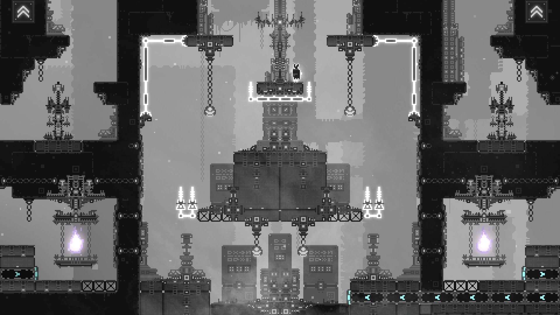 CHASM SHIFT: Player navigates a vertical puzzle platform with glowing white and purple orbs in dungeon.