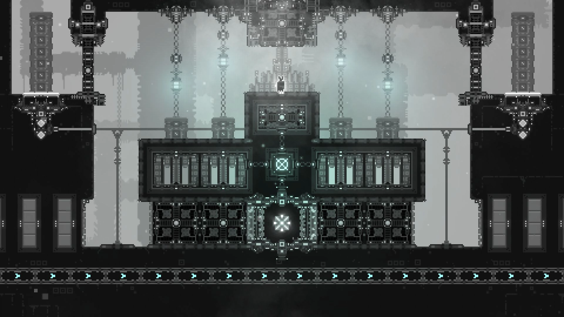 CHASM SHIFT: Lone character stands on a platform in intricate, dimly lit maze of mechanical structures.