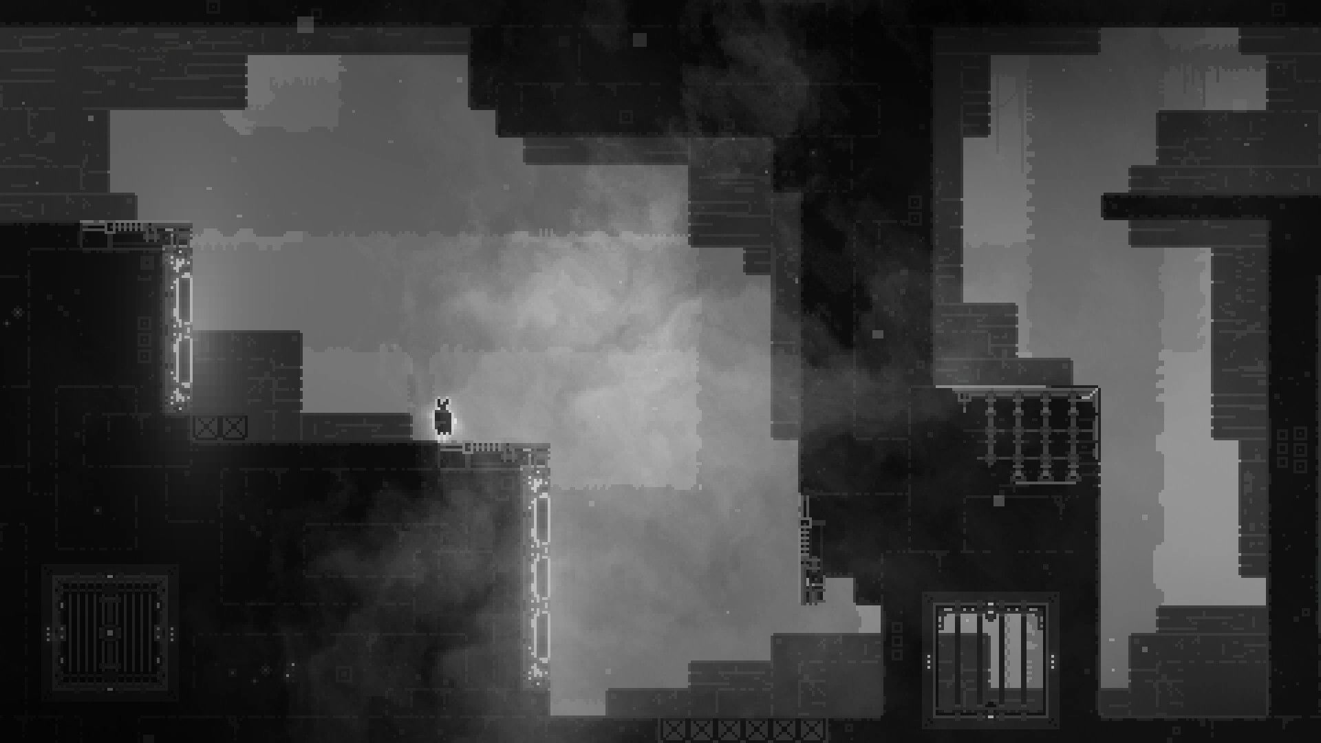 CHASM SHIFT: Lone character stands on a ledge in a dark, misty dungeon with pixelated walls and platforms.