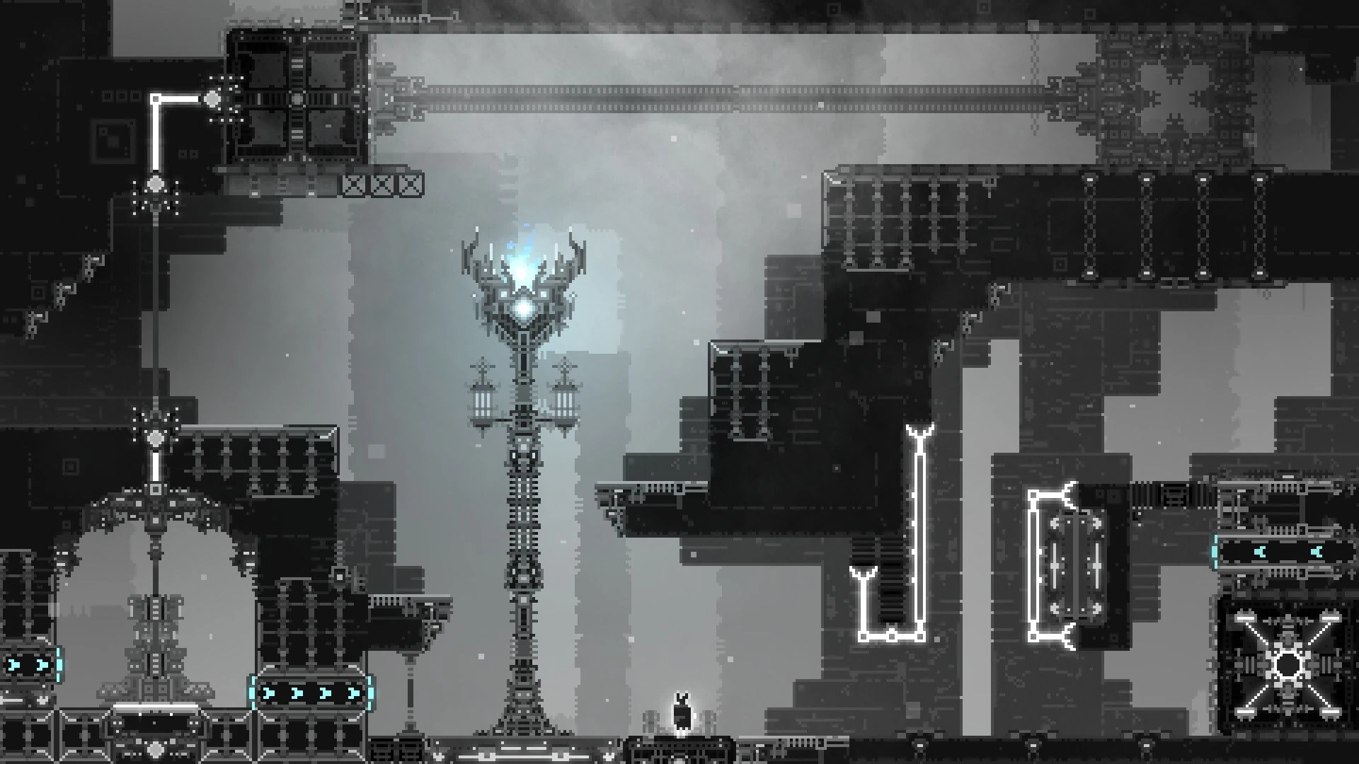CHASM SHIFT: Player stands before a towering, glowing structure in a dark, intricate puzzle dungeon.