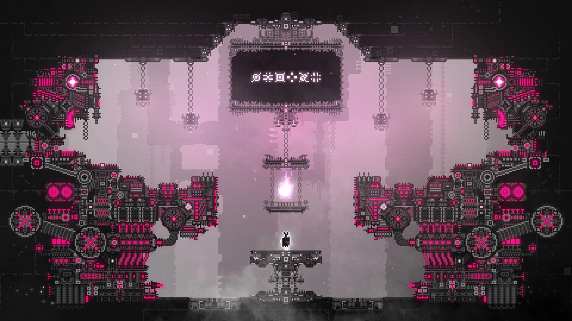 CHASM SHIFT: Player stands on platform beneath glowing symbol in intricate, dark pink-hued machinery room.