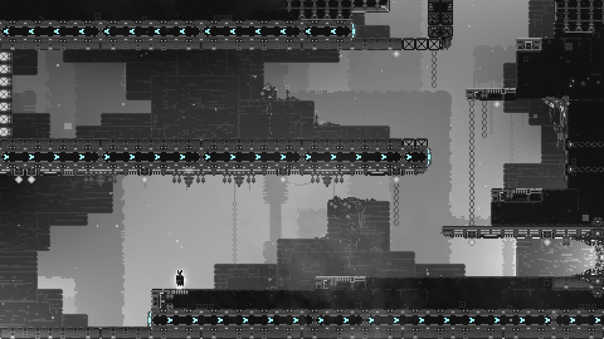 CHASM SHIFT: Lone character navigates a dark, industrial puzzle platform with glowing blue accents.