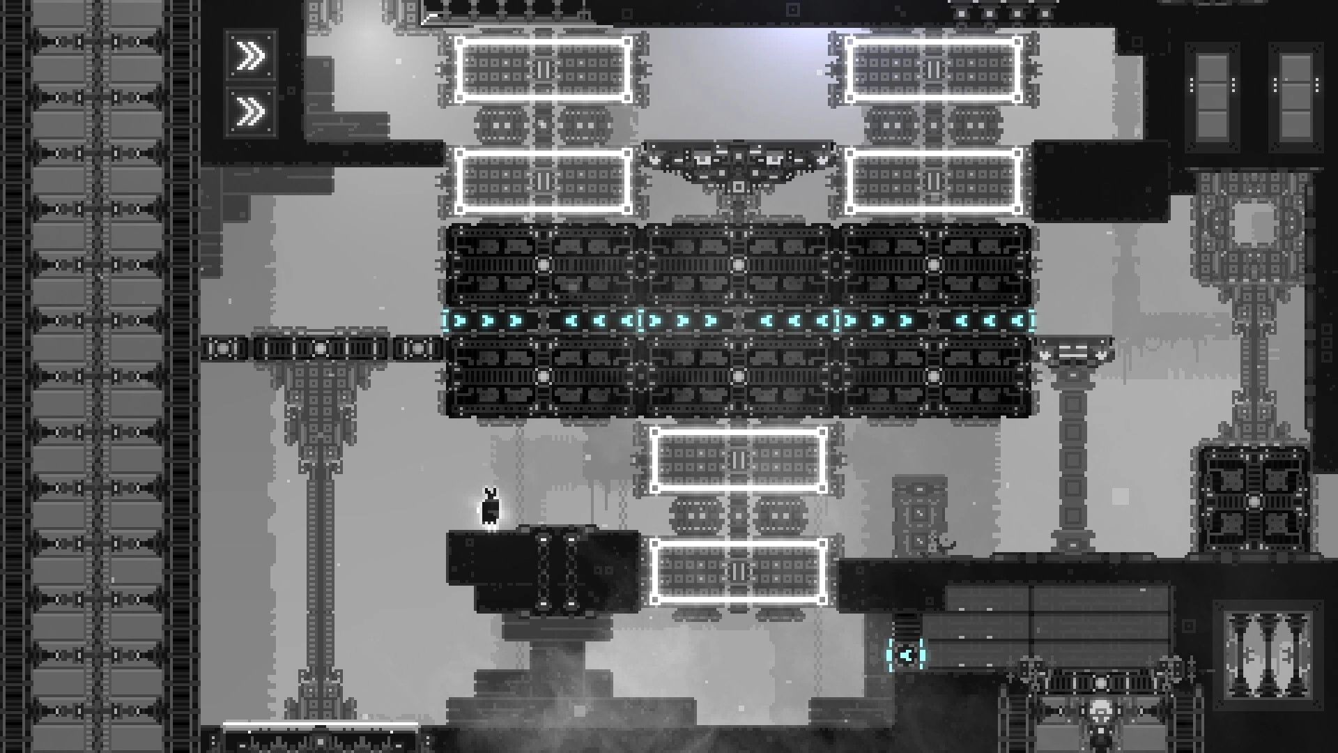CHASM SHIFT: Player character stands on a platform in a complex, monochrome puzzle dungeon environment.