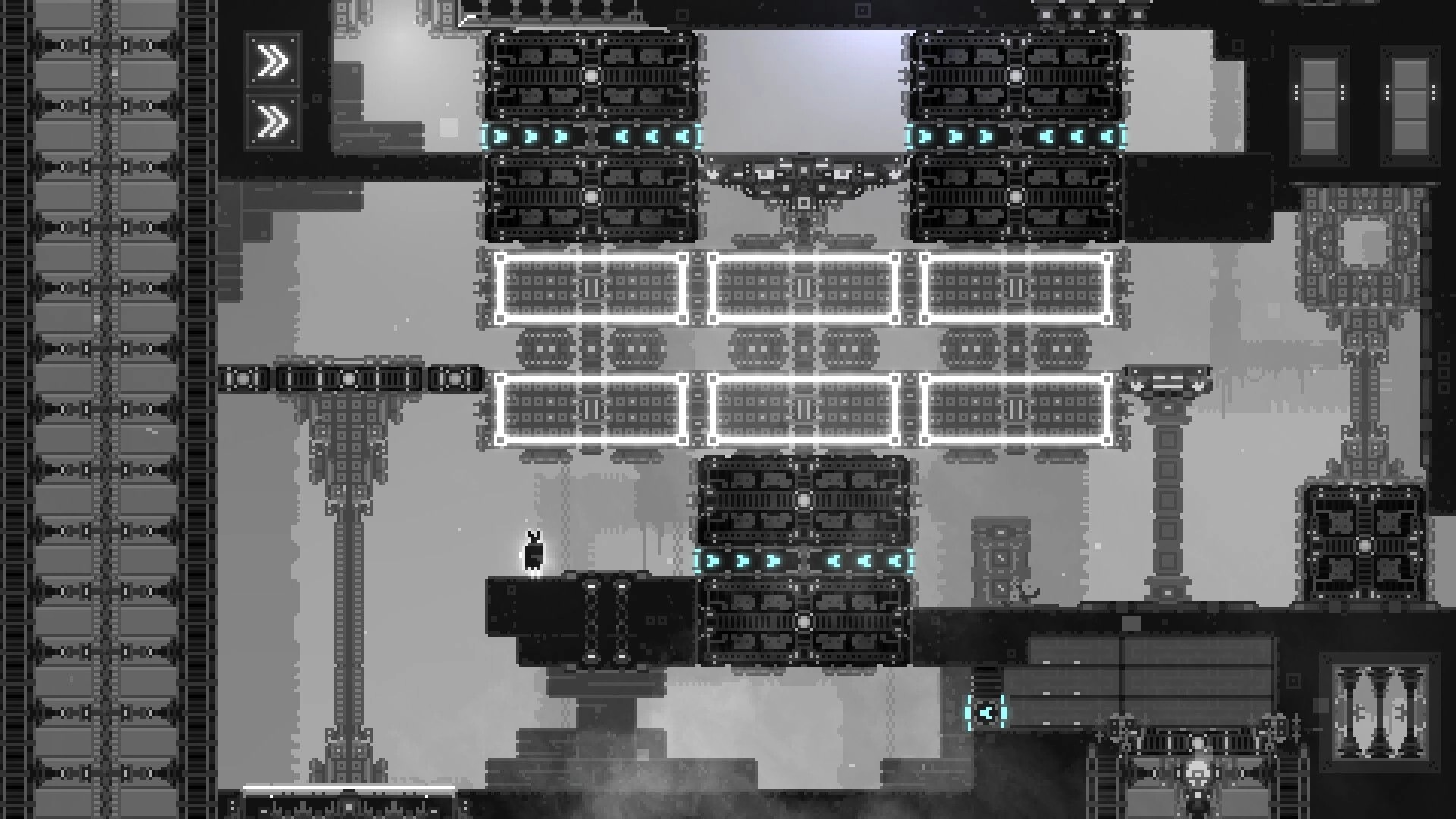 CHASM SHIFT: Player character navigates complex industrial platforming maze with moving blocks and arrows