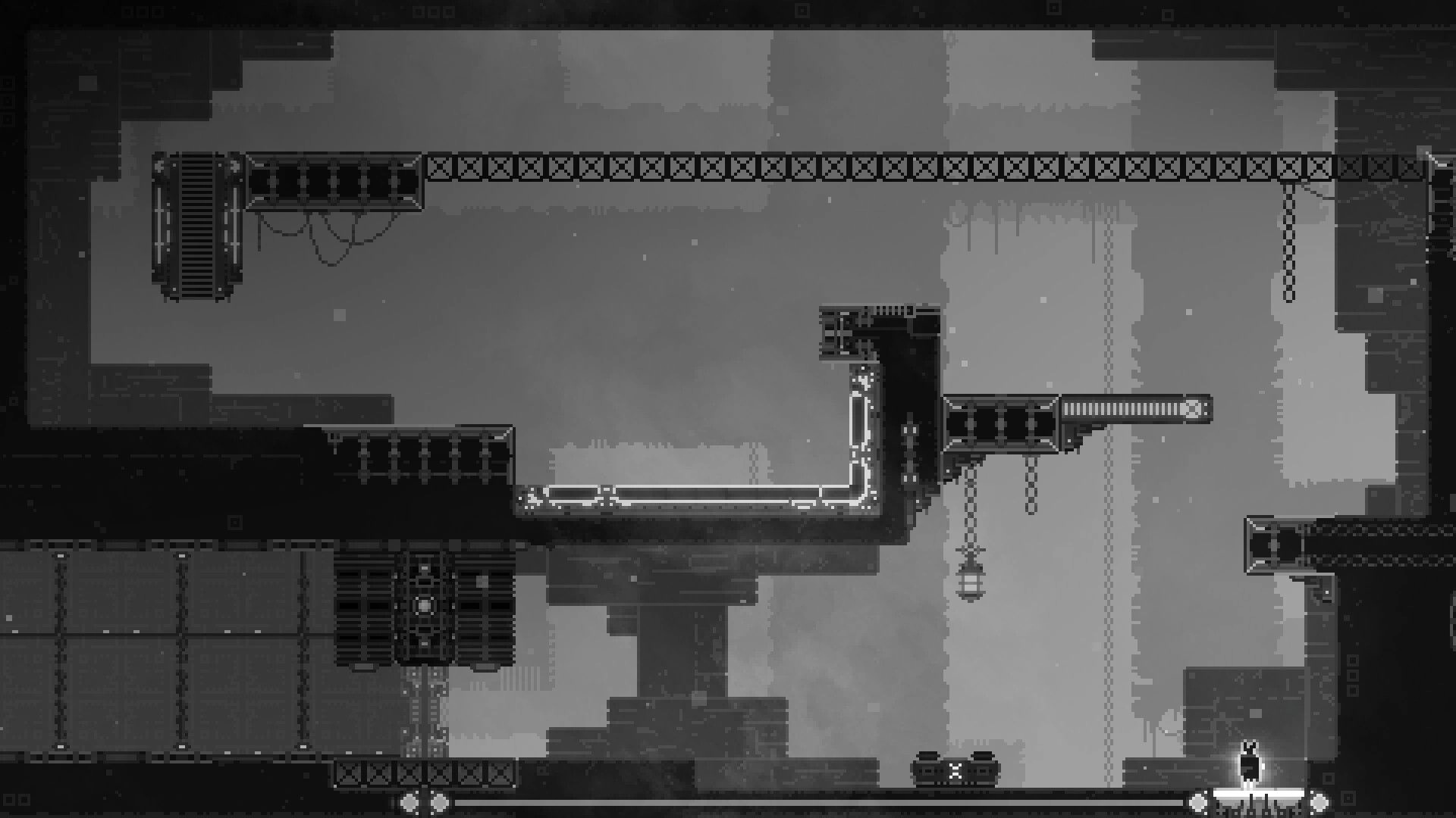 CHASM SHIFT: Character stands by glowing platform in industrial maze with chains and platforms overhead