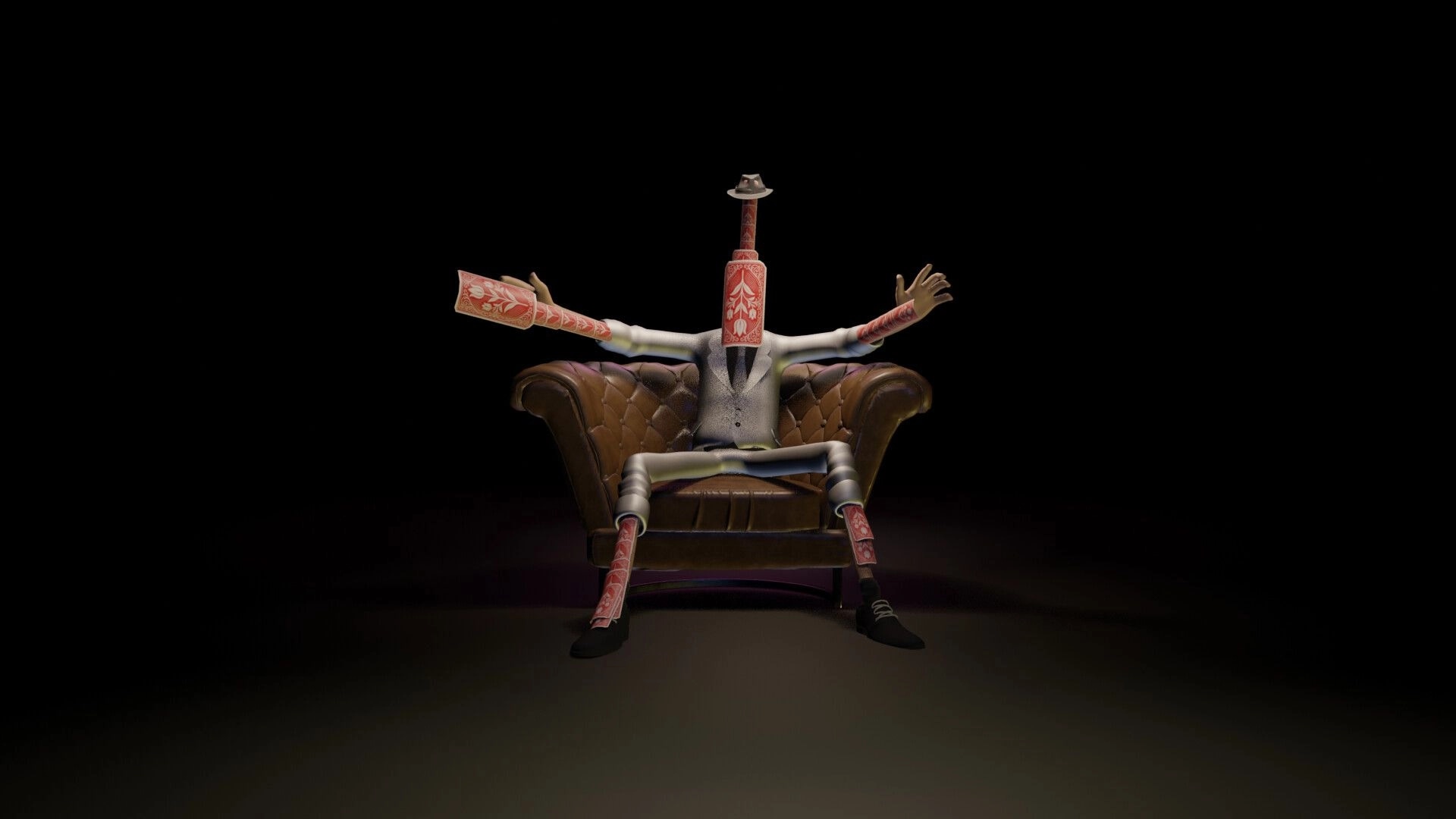 Cheater's Table: Card-headed character lounging on a leather sofa in a dark, minimalist setting.