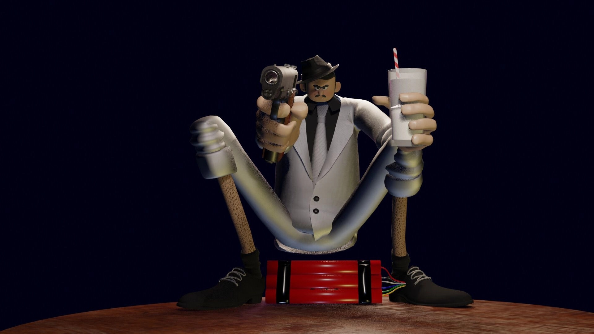 Cheater's Table: Cartoon gangster holding gun and drink, sitting on dynamite in a dark setting