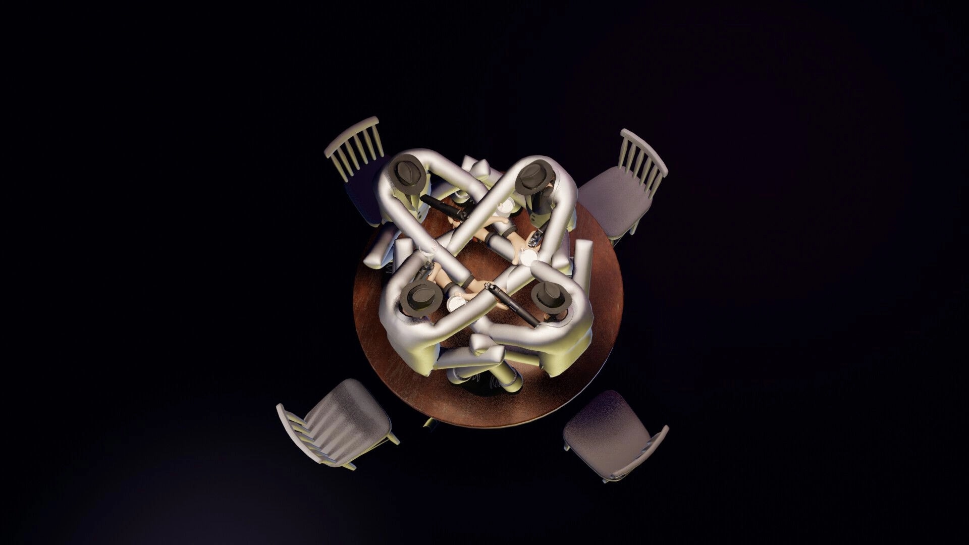 Cheater's Table: Four players with guns point at each other at a round table in a dimly lit room.