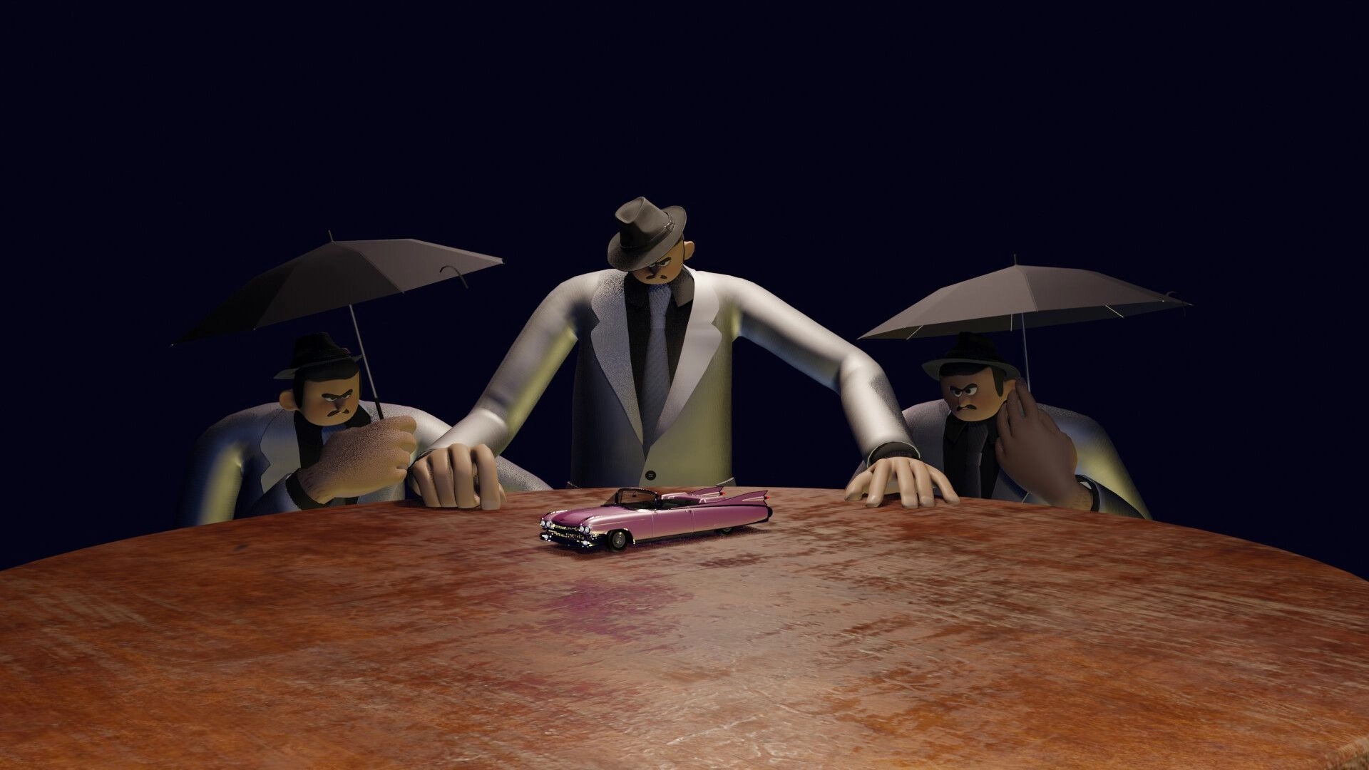 Cheater's Table: Three menacing figures with umbrellas gather around a table with a toy car centerpiece.