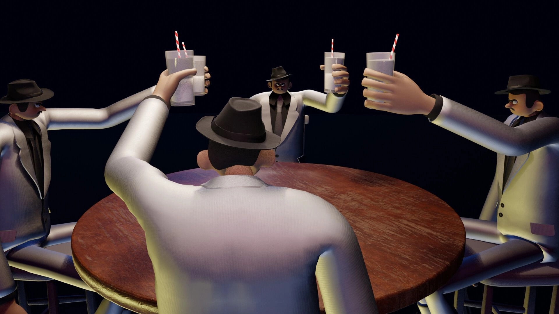 Cheater's Table: Four mafia characters in suits raise glasses around a wooden table at night.