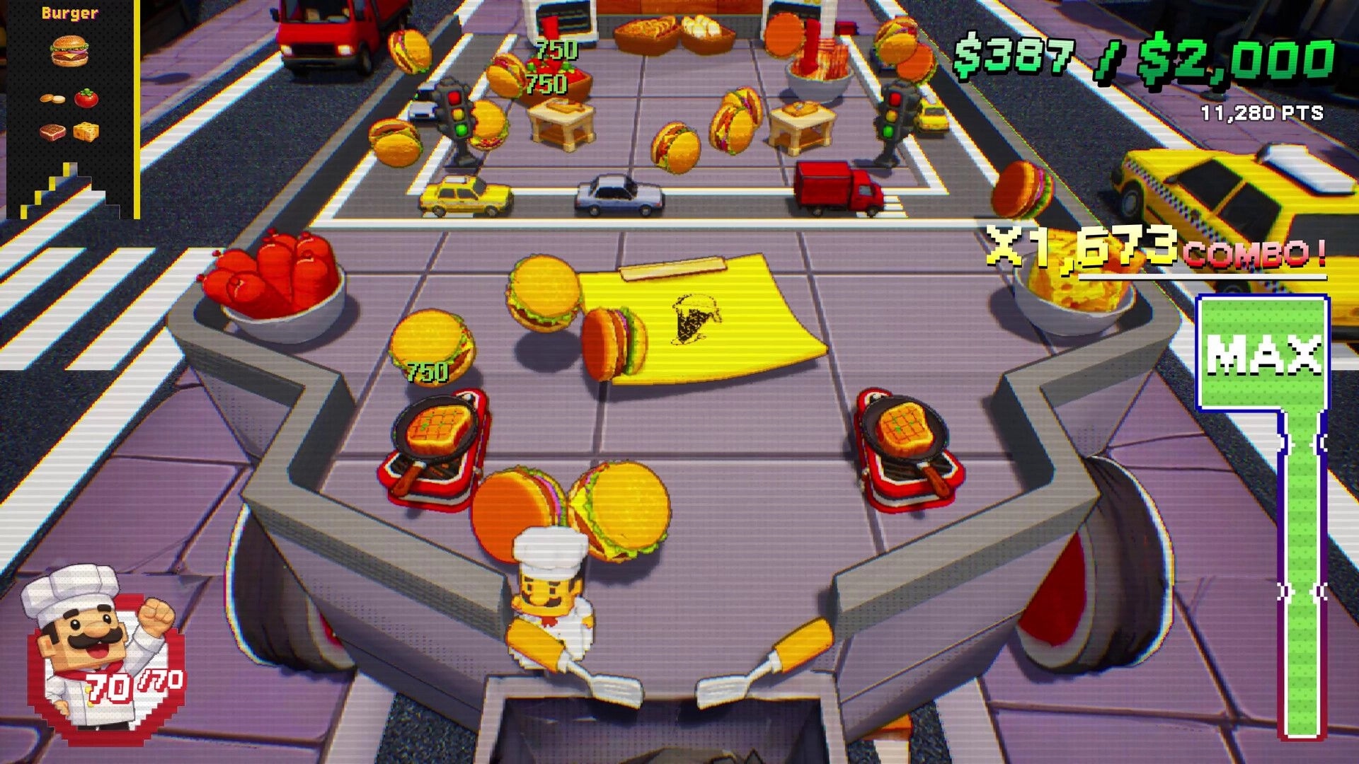 Chef Pinball: Burger pinball table with flying burgers, combo meter and cash UI on a city street level.