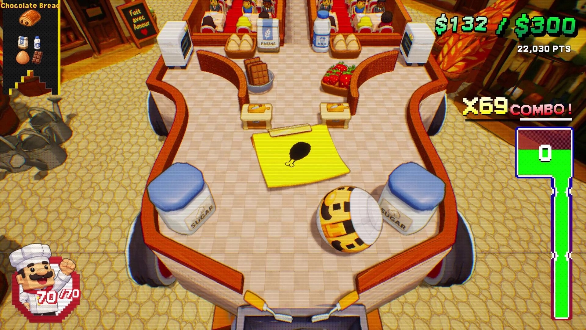Chef Pinball: Pinball table with sugar bins and ingredients UI, x69 combo in bustling train diner car.