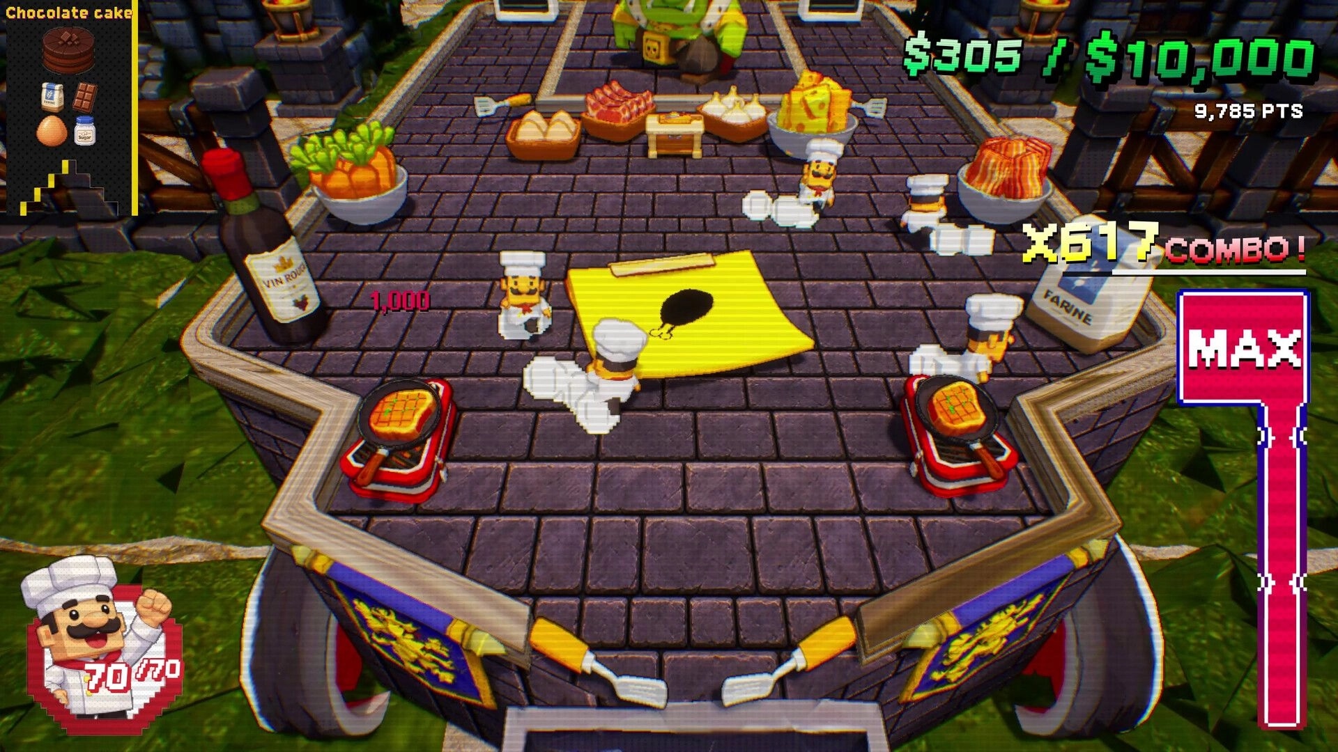 Chef Pinball: Chefs bounce around a food pinball board with combo meter, cash goal, MAX gauge UI.