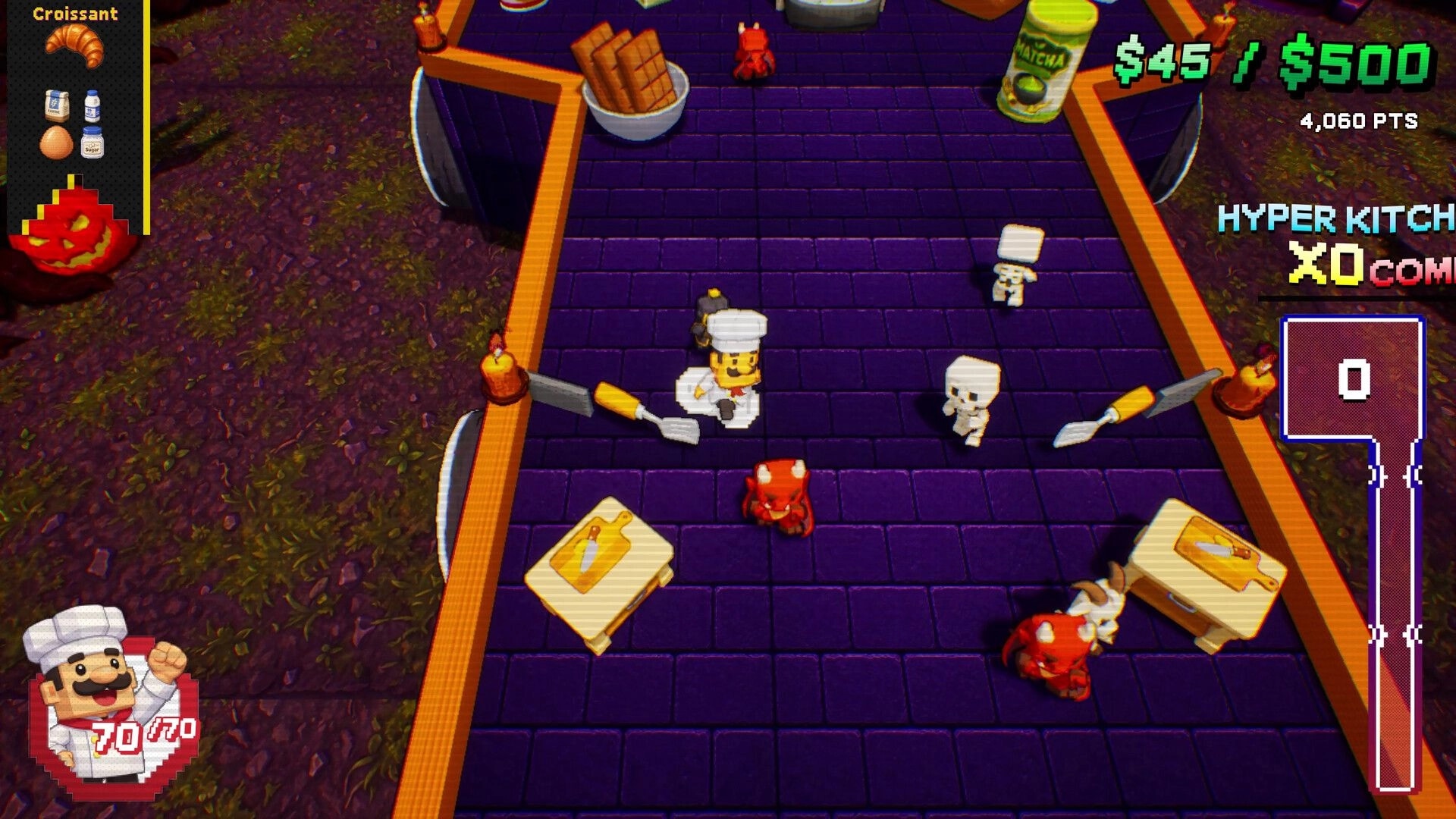 Chef Pinball: Chef and flippers on purple pinball table with enemies, Croissant recipe UI and score HUD.