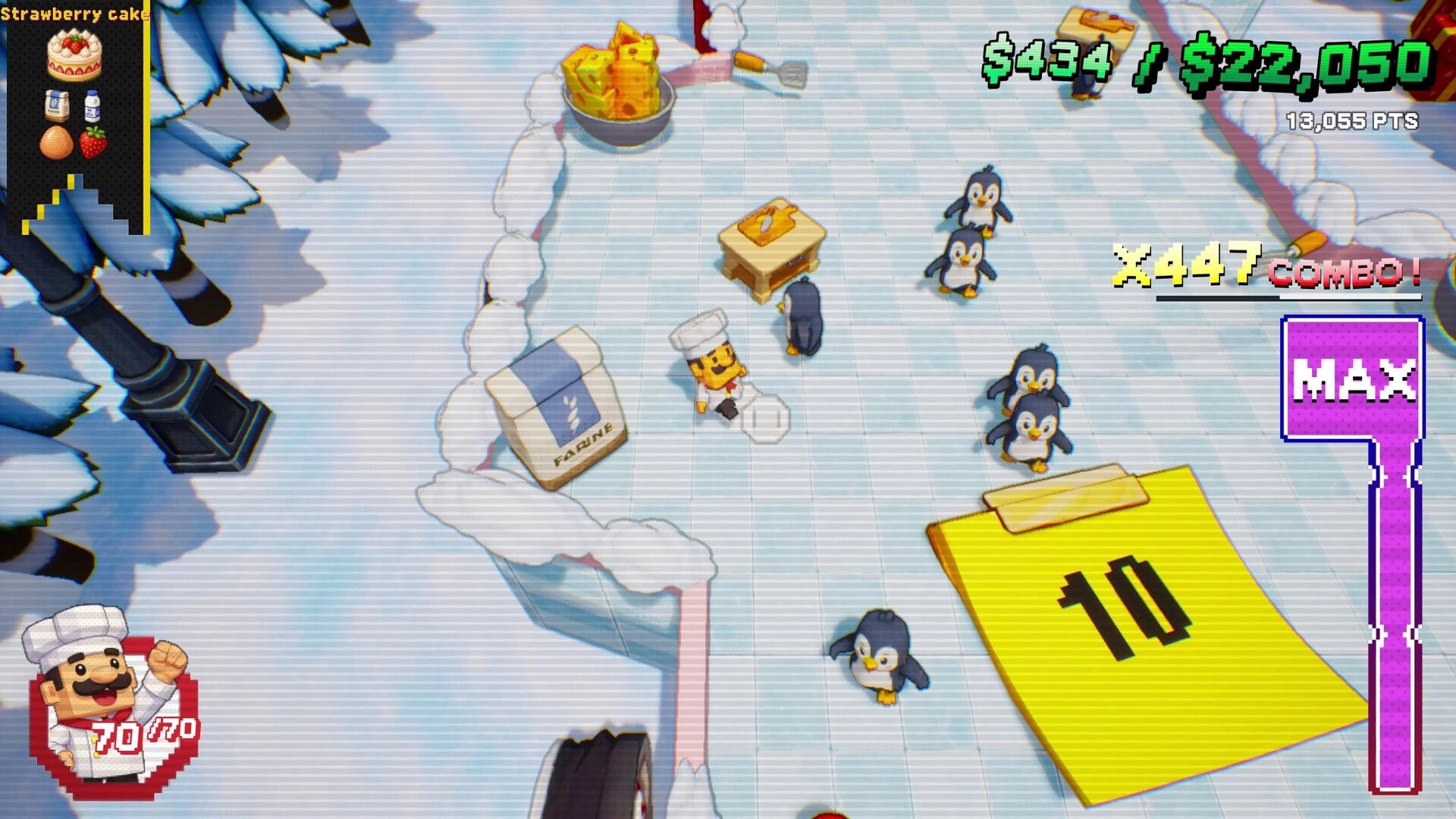 Chef Pinball: Chef character dodges penguins on icy board with x447 combo, money, and MAX meter UI.