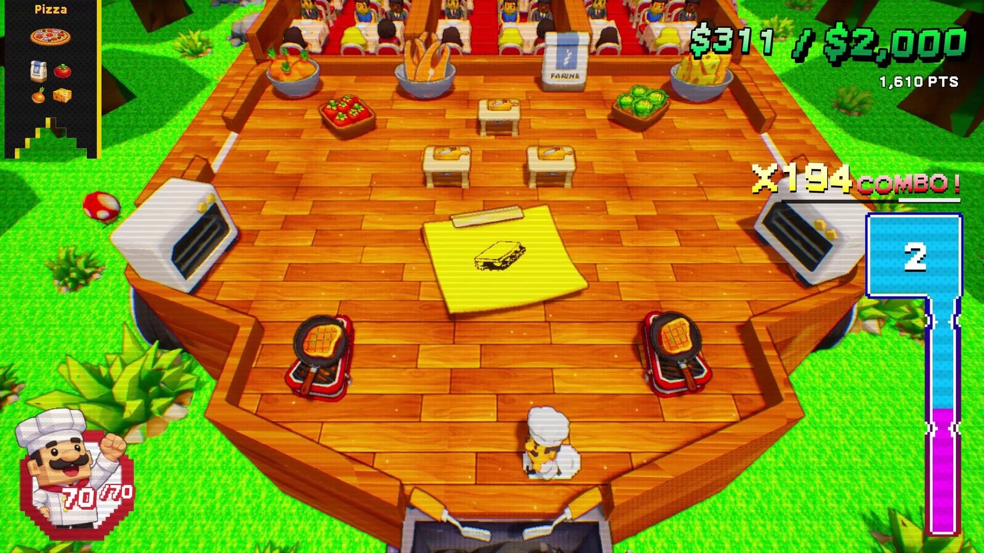 Chef Pinball: Pizza pinball table with ovens and ingredients, score $311/$2,000 and x194 combo UI.
