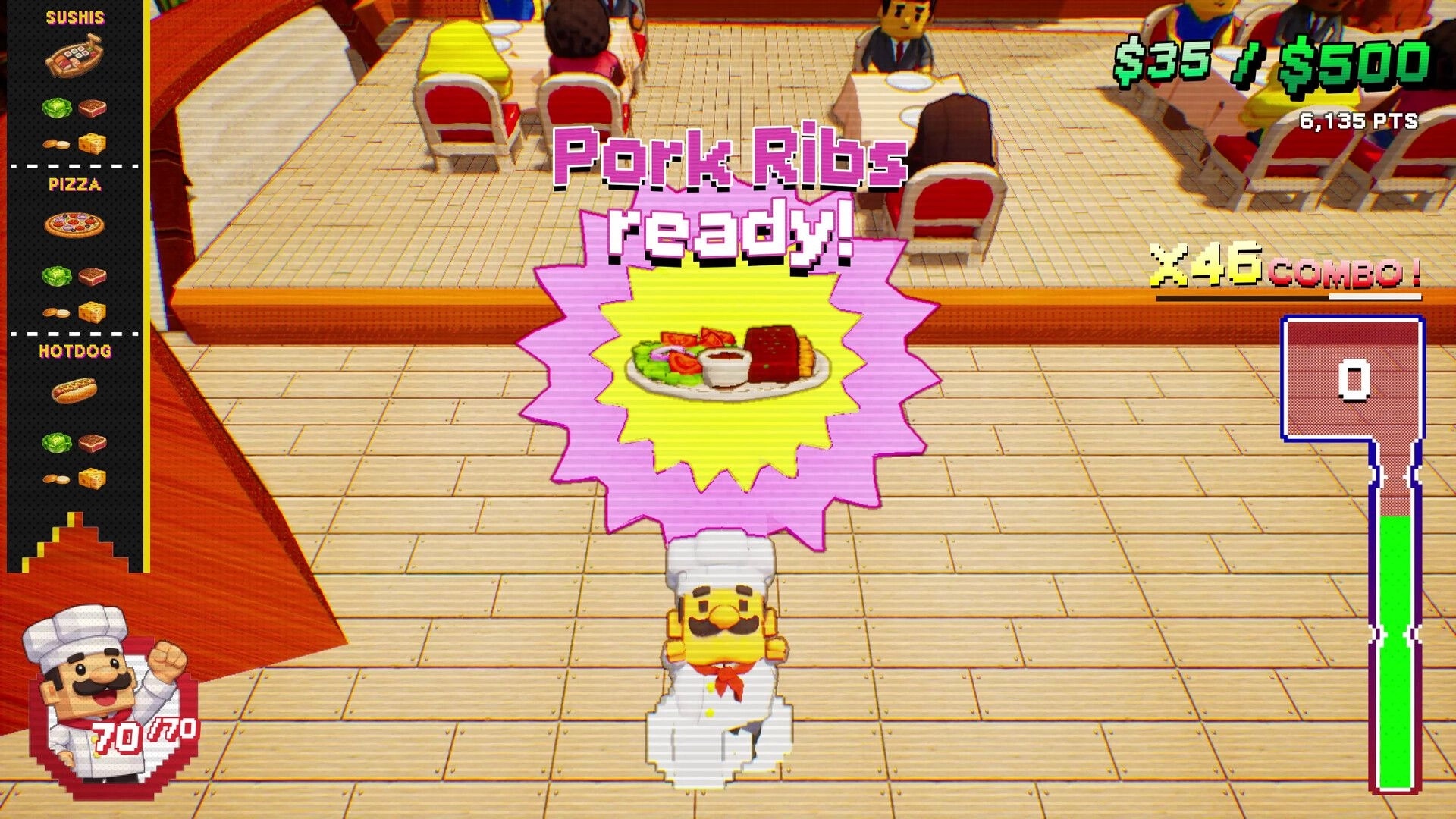 Chef Pinball: Pork Ribs ready prompt above chef, diner tables behind, combo and score UI visible.