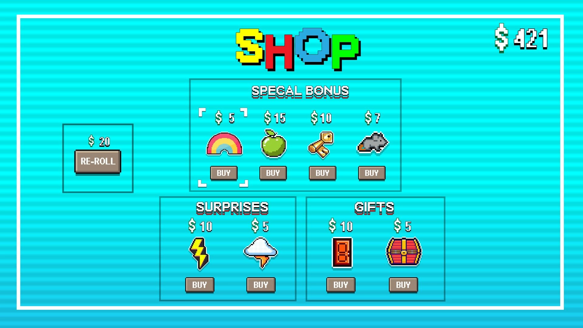 Chef Pinball: Shop menu with reroll and buy buttons for bonuses, surprises, and gifts on blue UI.