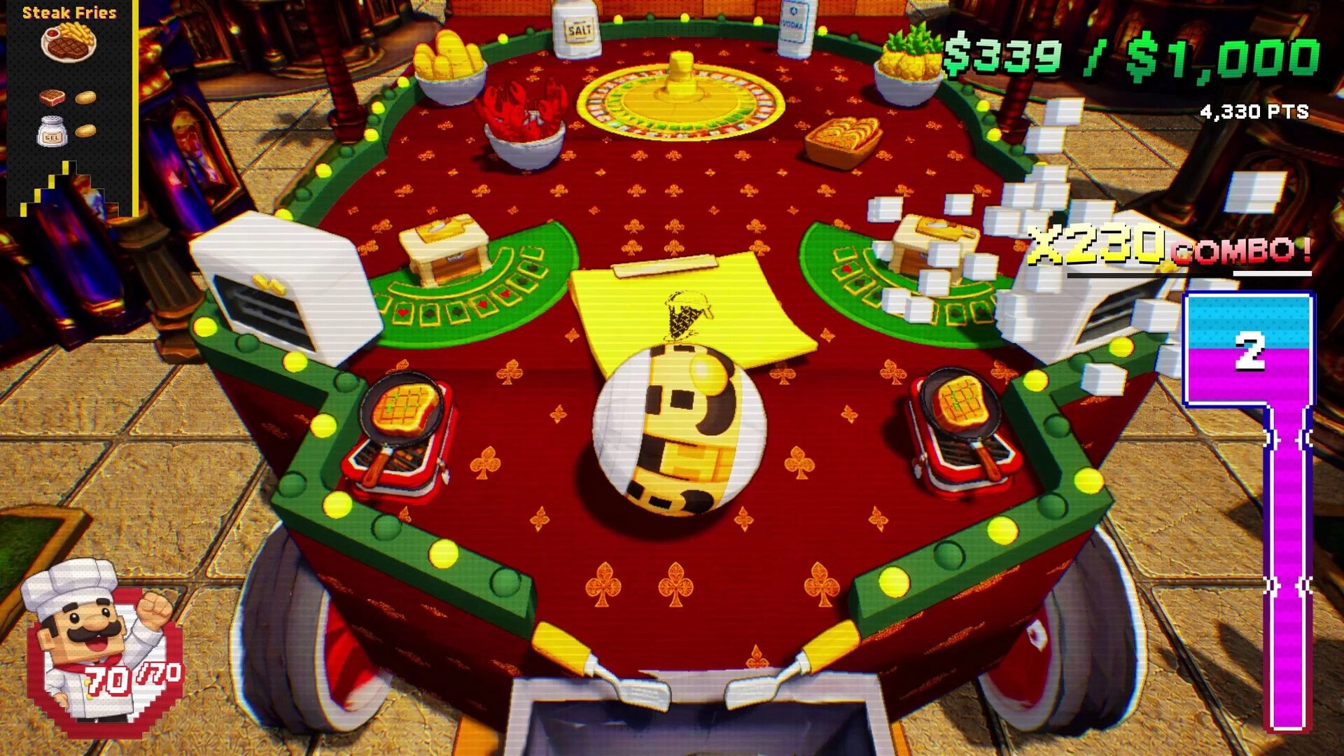 Chef Pinball: Pinball ball hits kitchen bumpers on a table cart, x230 combo and money UI displayed.