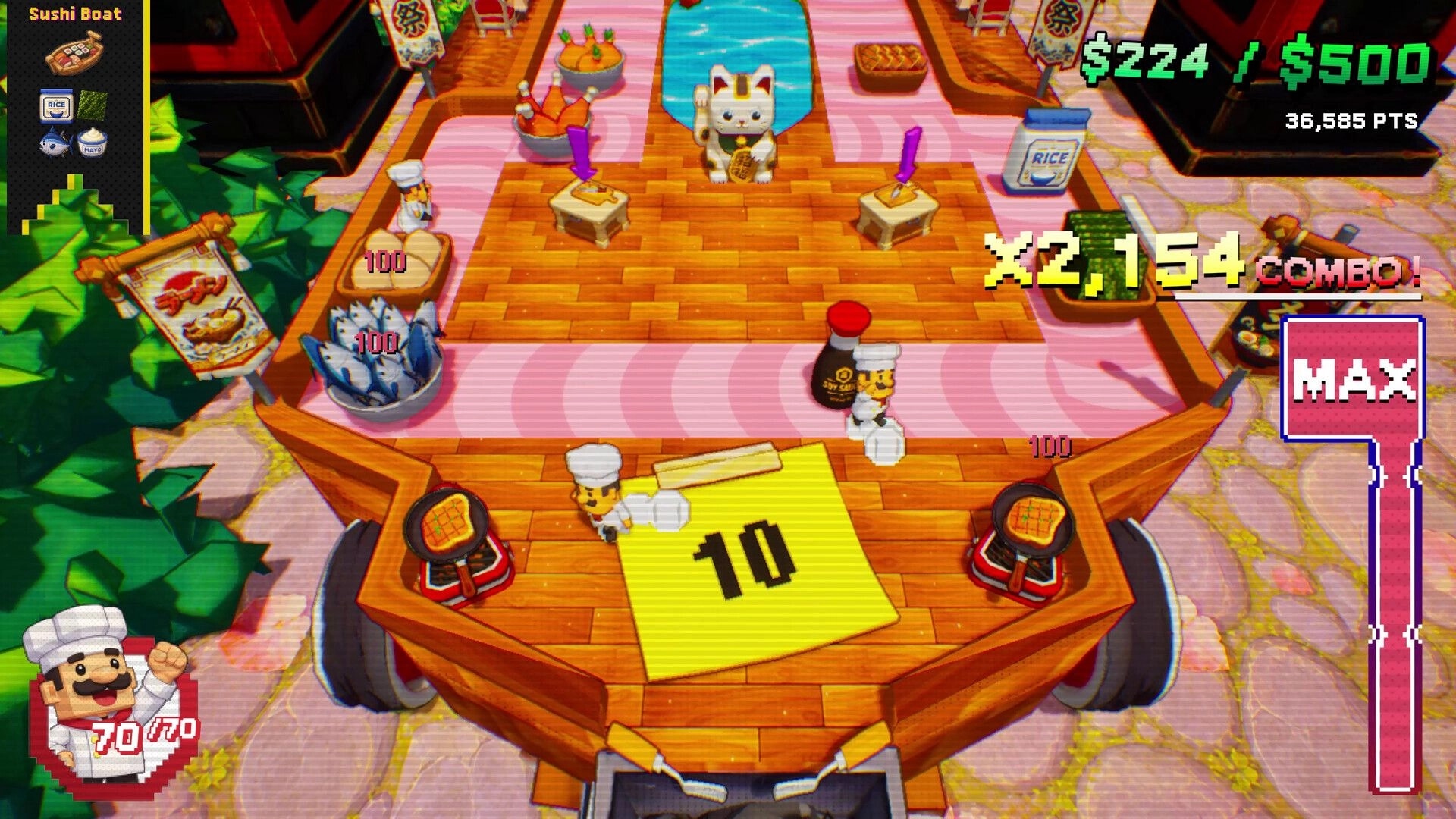 Chef Pinball: Sushi Boat pinball table with chefs and lucky cat, combo score and MAX meter UI aboard train.