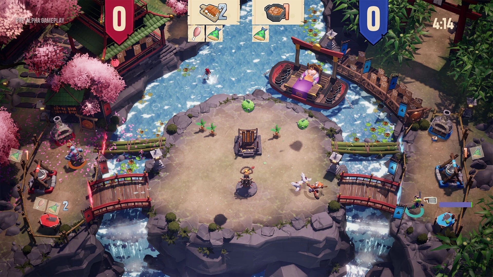 Chefs Arena: Top-down match with two chefs and ingredient icons on a river island arena with bridges.