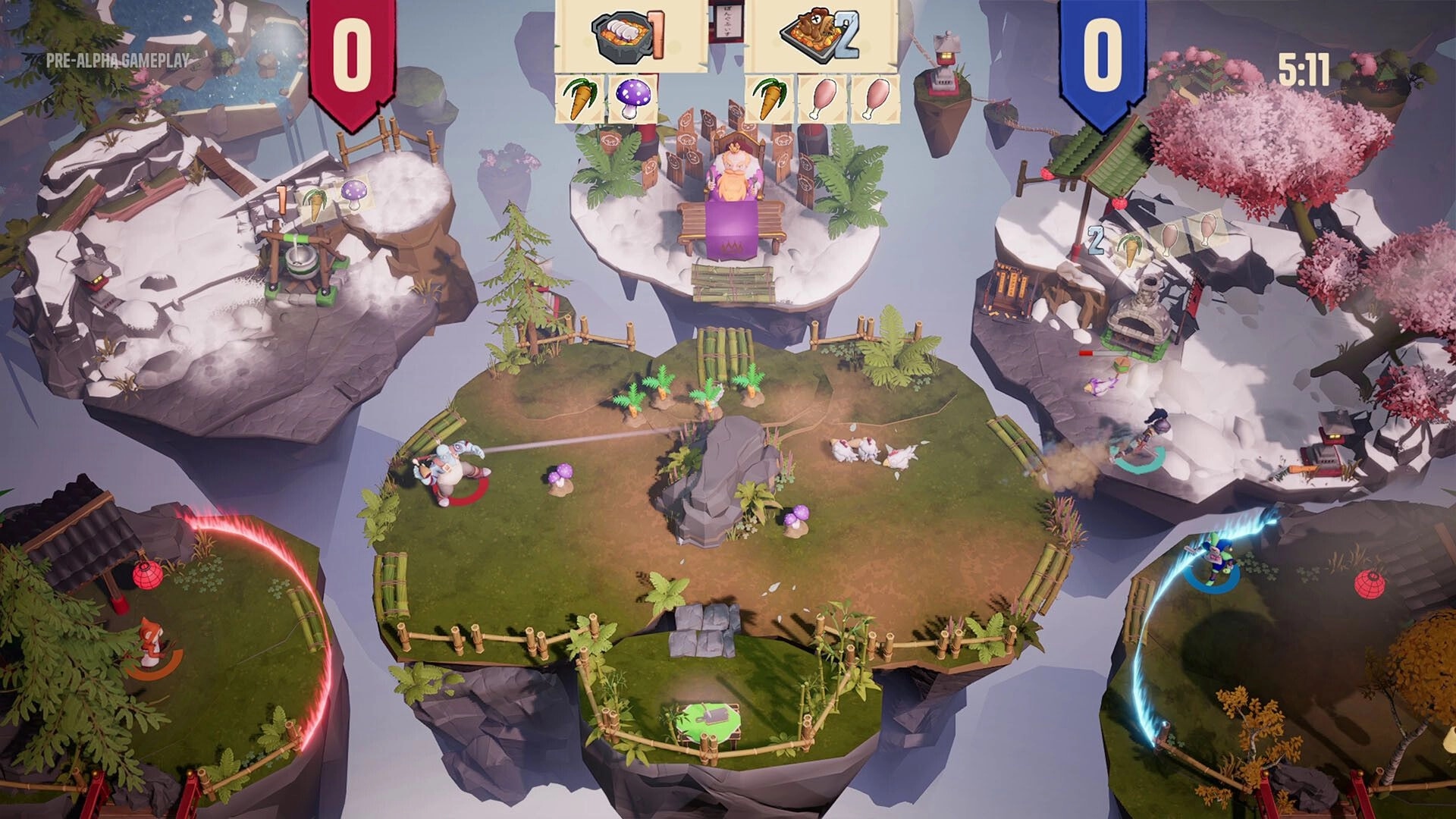 Chefs Arena: Top-down arena with two teams, recipe icons and timer over floating island platforms.