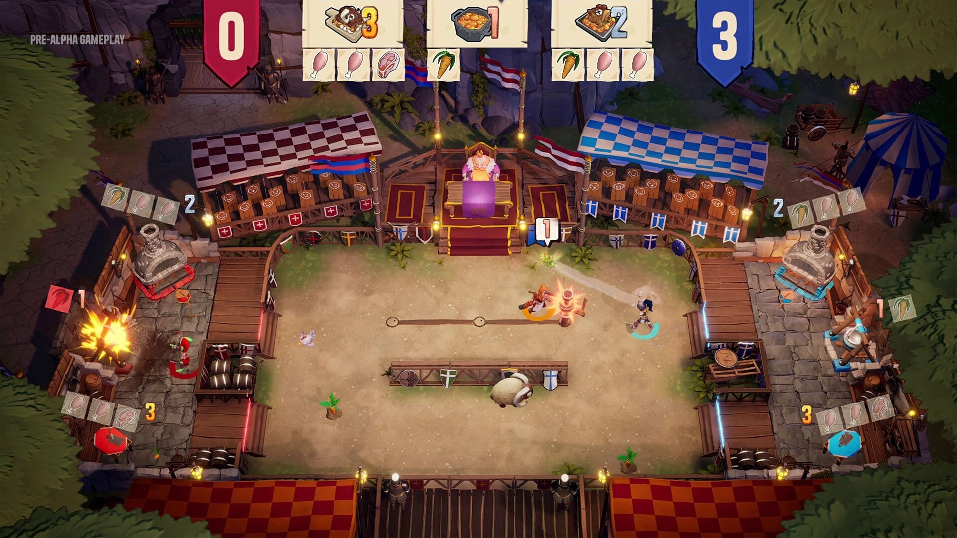 Chefs Arena: Two chefs battle near a glowing pot as scores show 0–3 in a castle arena courtyard.
