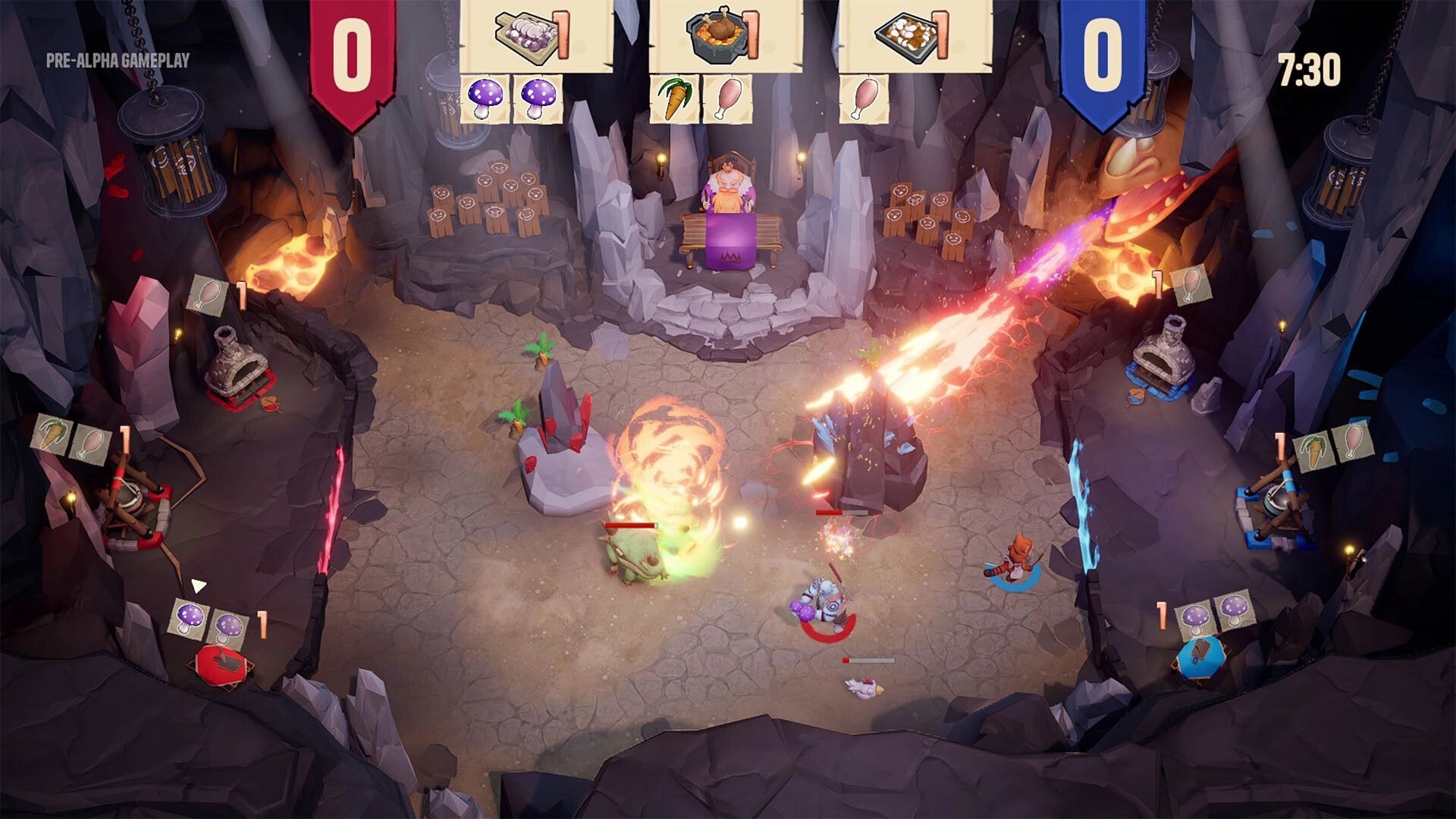 Chefs Arena: Two chefs battle monsters and dodge fire beams in a rocky cavern arena with score UI.