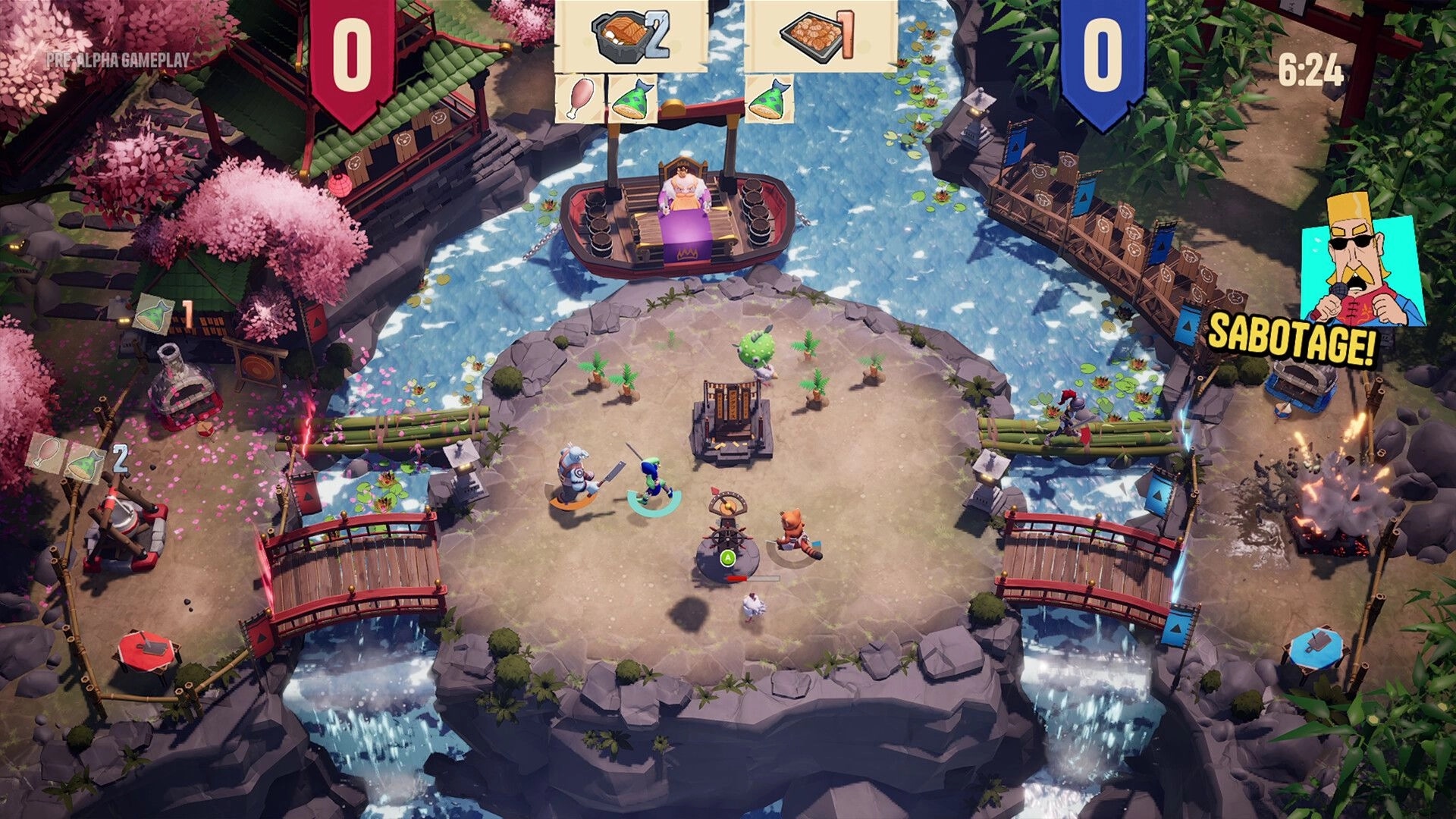 Chefs Arena: Four chefs battle on a river island arena with sabotage alert, timer and score UI.