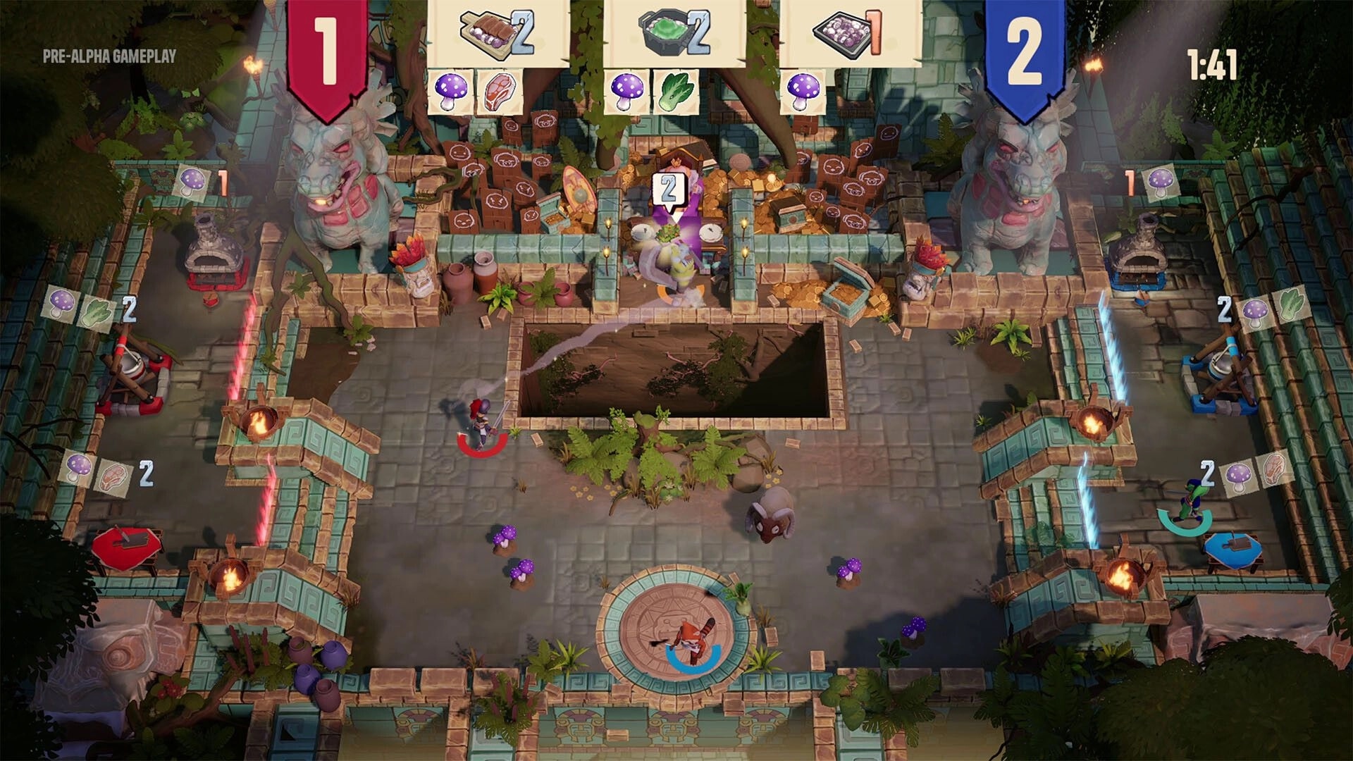 Chefs Arena: Two teams gather ingredients and battle in a ruined temple arena with timer UI overhead.