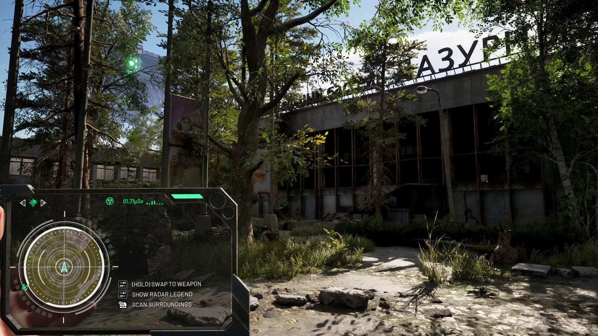 Chernobylite 2: Player scans overgrown industrial complex using a handheld device in a forested area.