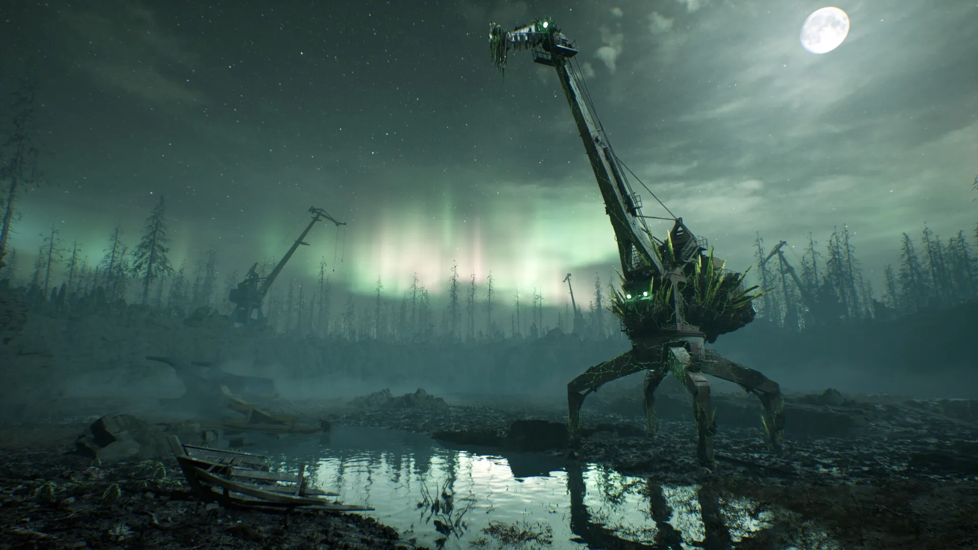 Chernobylite 2: Giant mechanical creature stands beside eerie lake under aurora in forested wasteland.