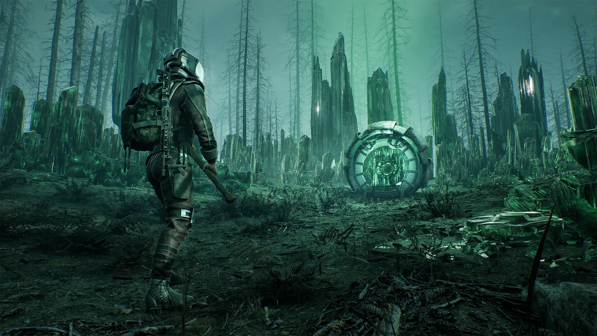 Chernobylite 2: Player in hazmat suit explores eerie green crystal forest with mysterious portal