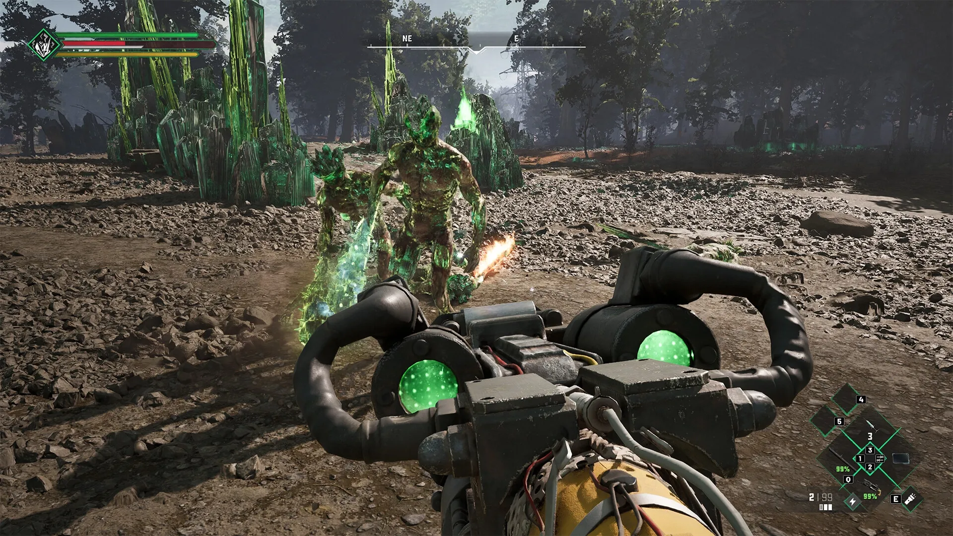 Chernobylite 2: First-person combat with glowing mutants in a rocky forest clearing