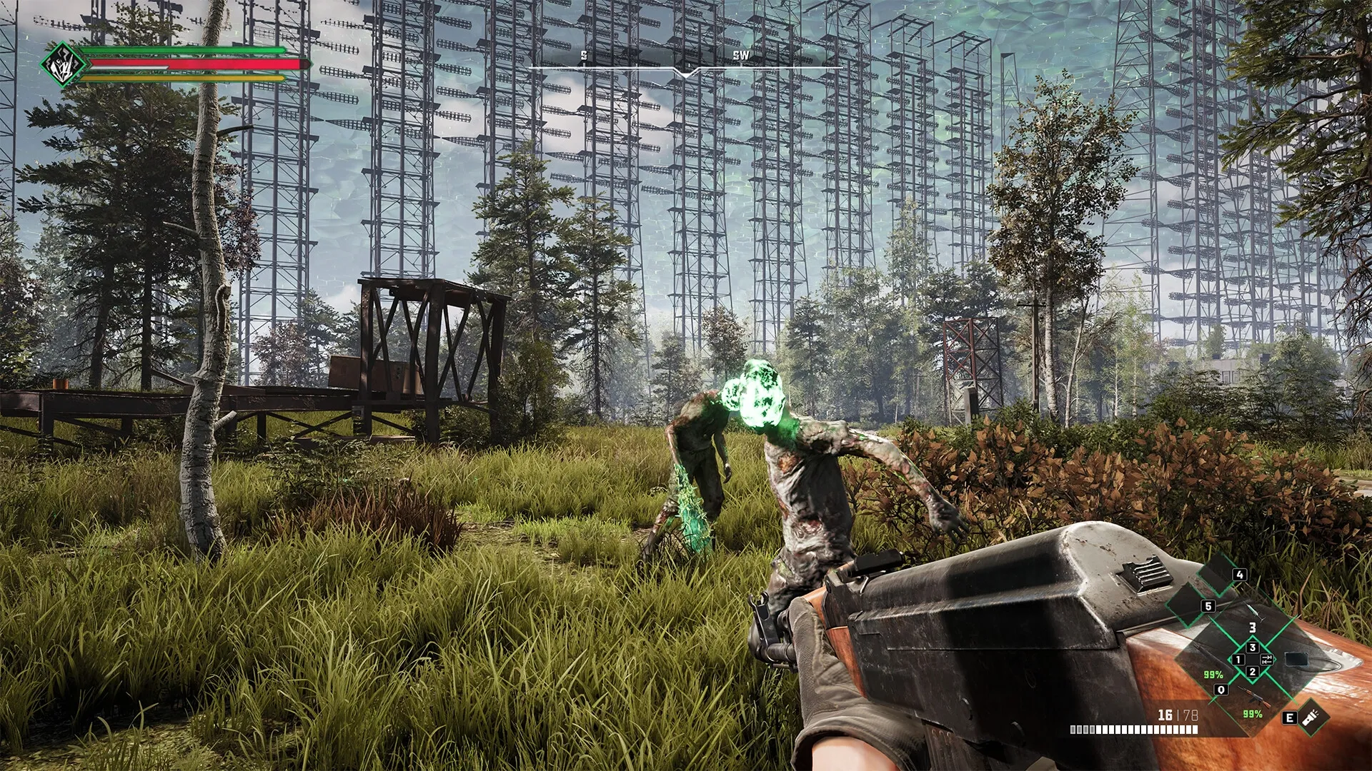 Chernobylite 2: First-person combat with glowing enemies in a dense forest near radar structures