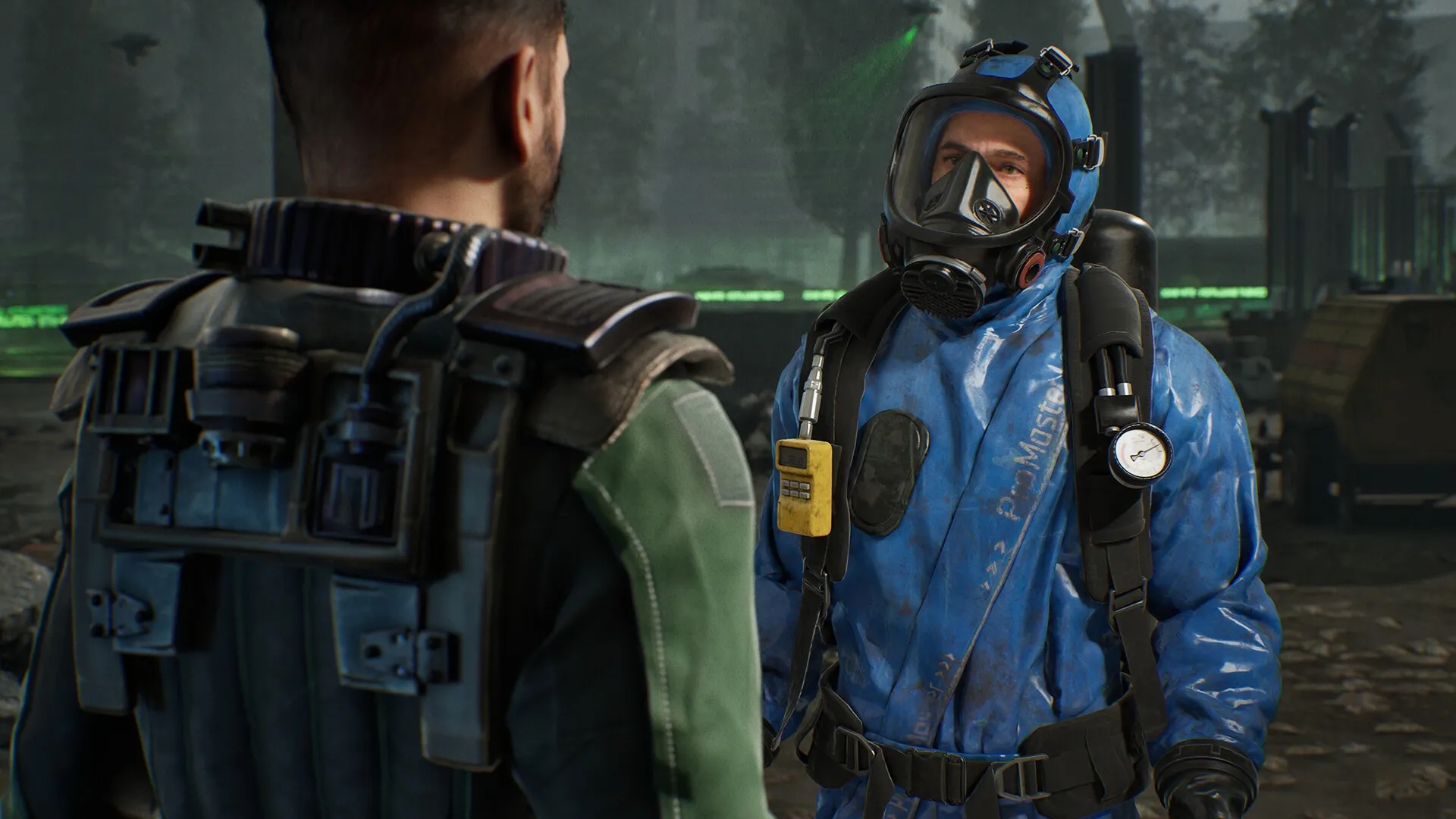 Chernobylite 2: Two characters in conversation, one in a hazmat suit, in Chornobyl Exclusion Zone.