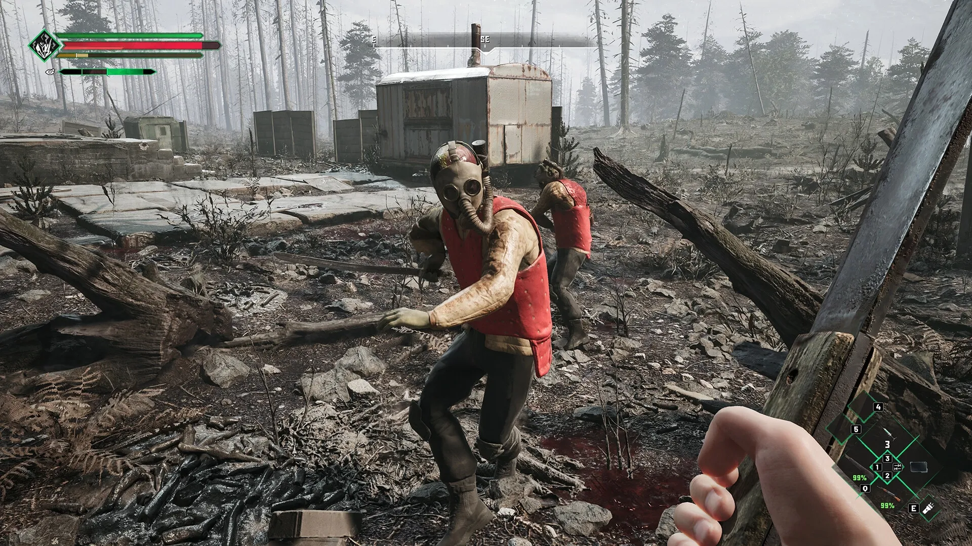 Chernobylite 2: First-person knife combat with masked enemies in a barren, desolate forest setting