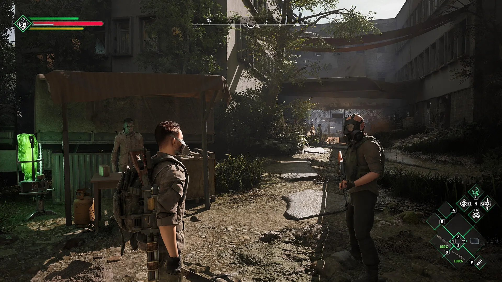 Chernobylite 2: Two characters with gas masks converse in overgrown courtyard, UI elements on screen.