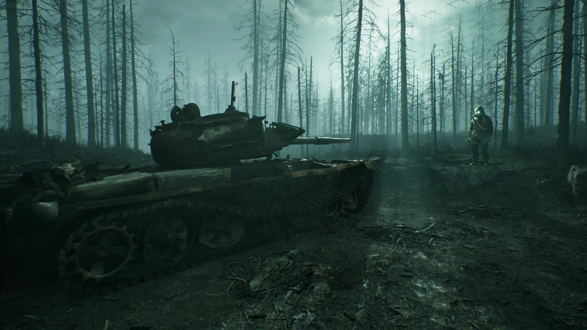 Chernobylite 2: Lone figure in hazmat suit stands beside abandoned tank in foggy, barren forest.