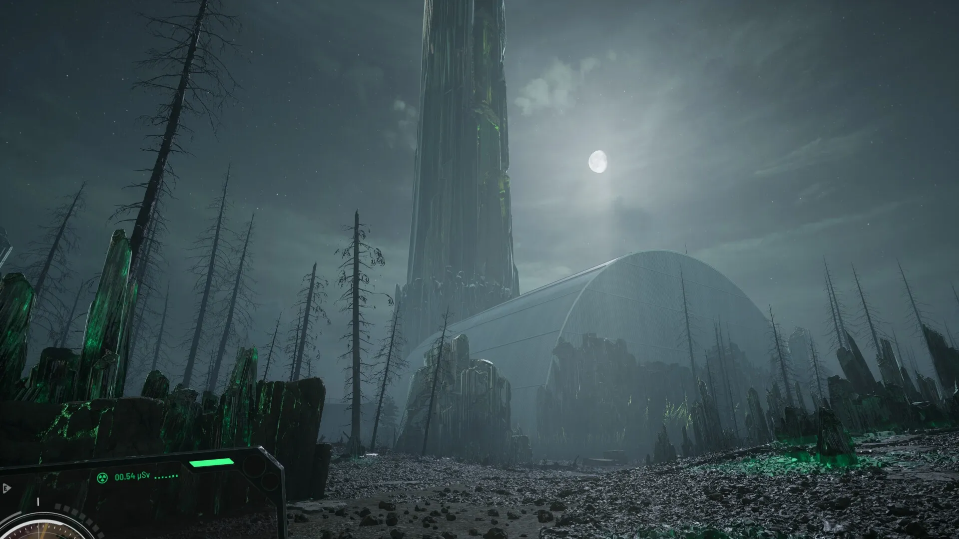 Chernobylite 2: Nighttime exploration in eerie forest with glowing crystals near towering structure