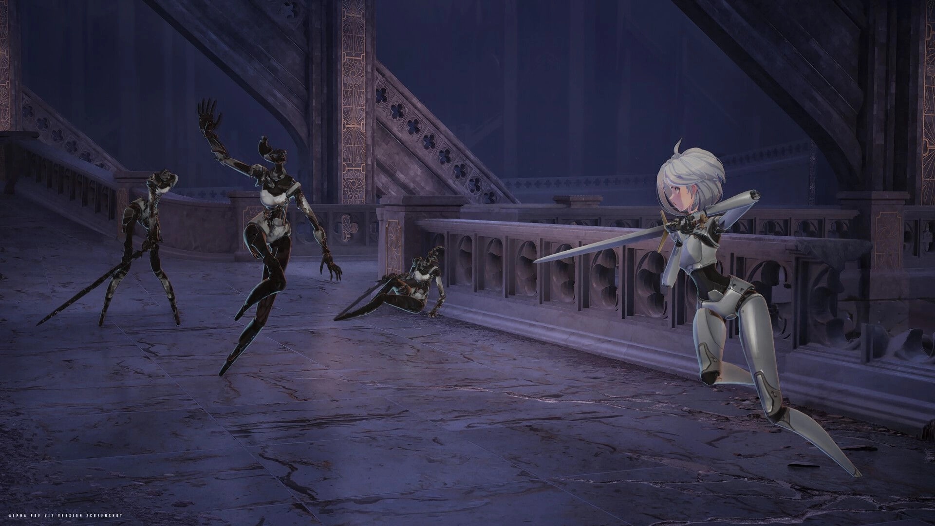 Cherubim: White-haired android slashes at three black corrupted foes on a gothic bridge walkway.