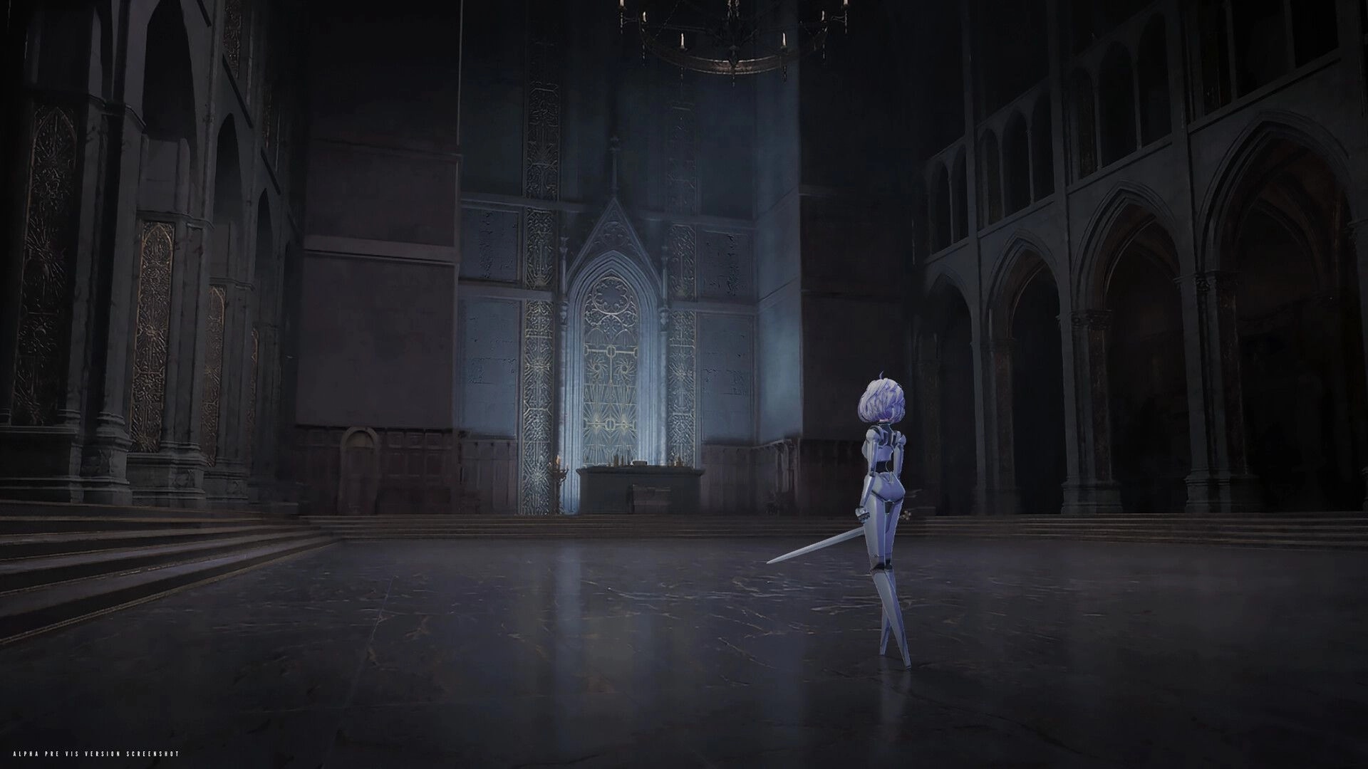 Cherubim: Lone sword-wielding android stands in vast gothic hall before ornate illuminated altar door.