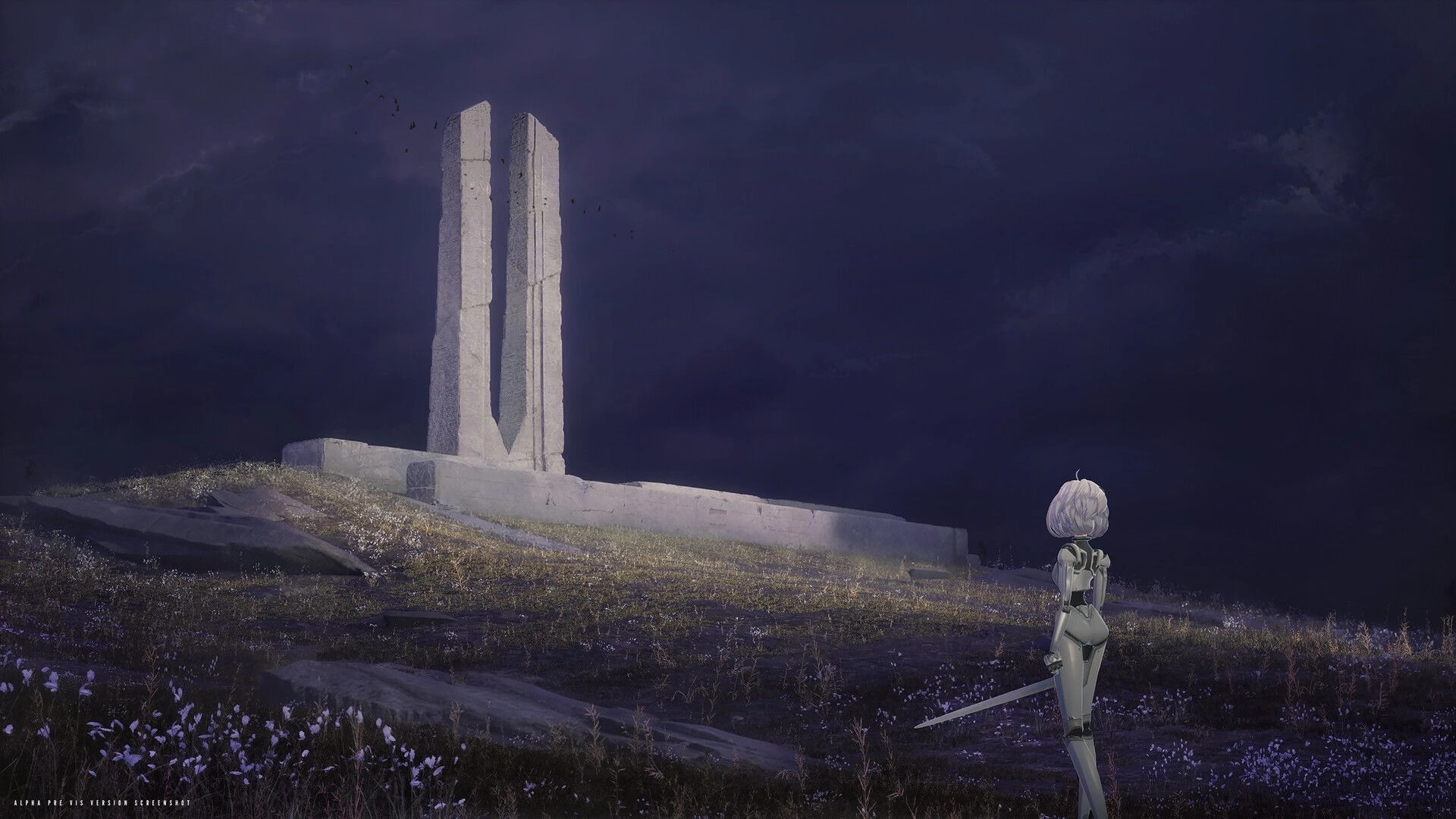 Cherubim: White-haired knight with sword gazes at twin monoliths on a stormy hillside meadow.