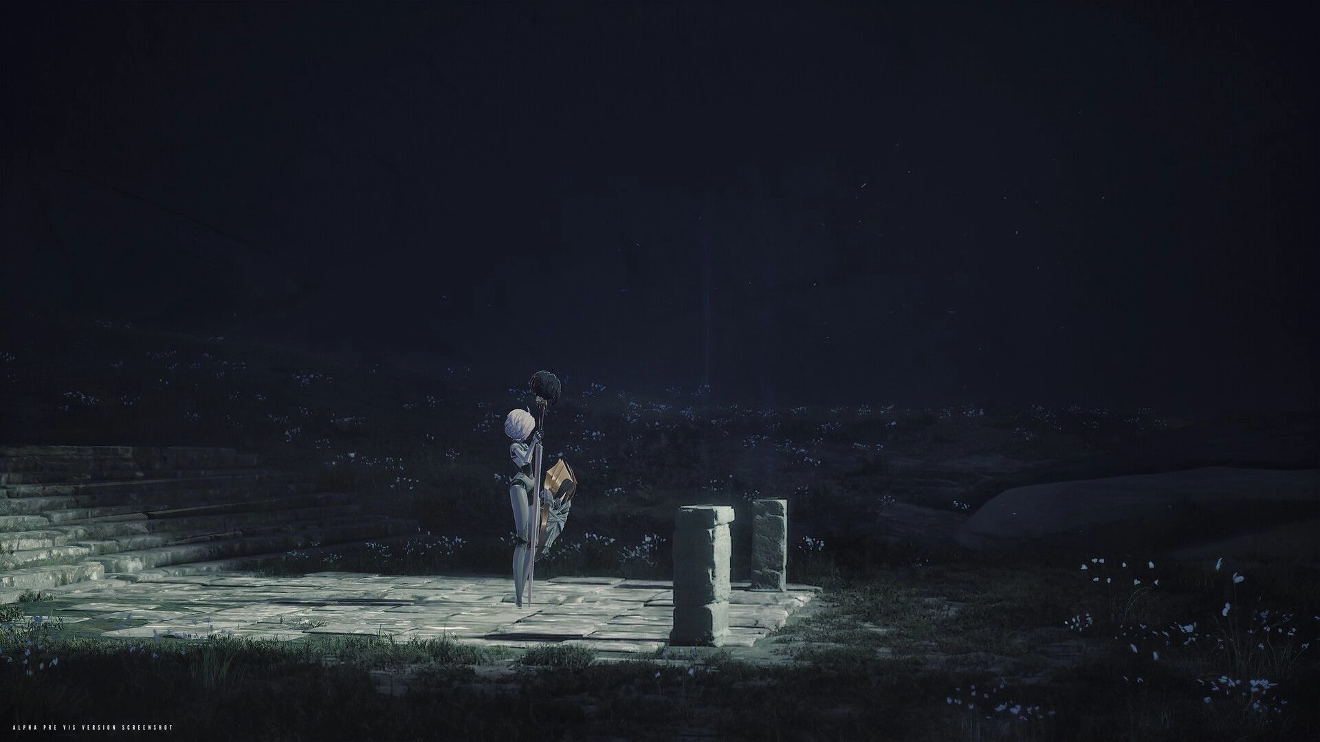 Cherubim: White-haired armored knight stands with staff on stone platform in dark, misty ruins.