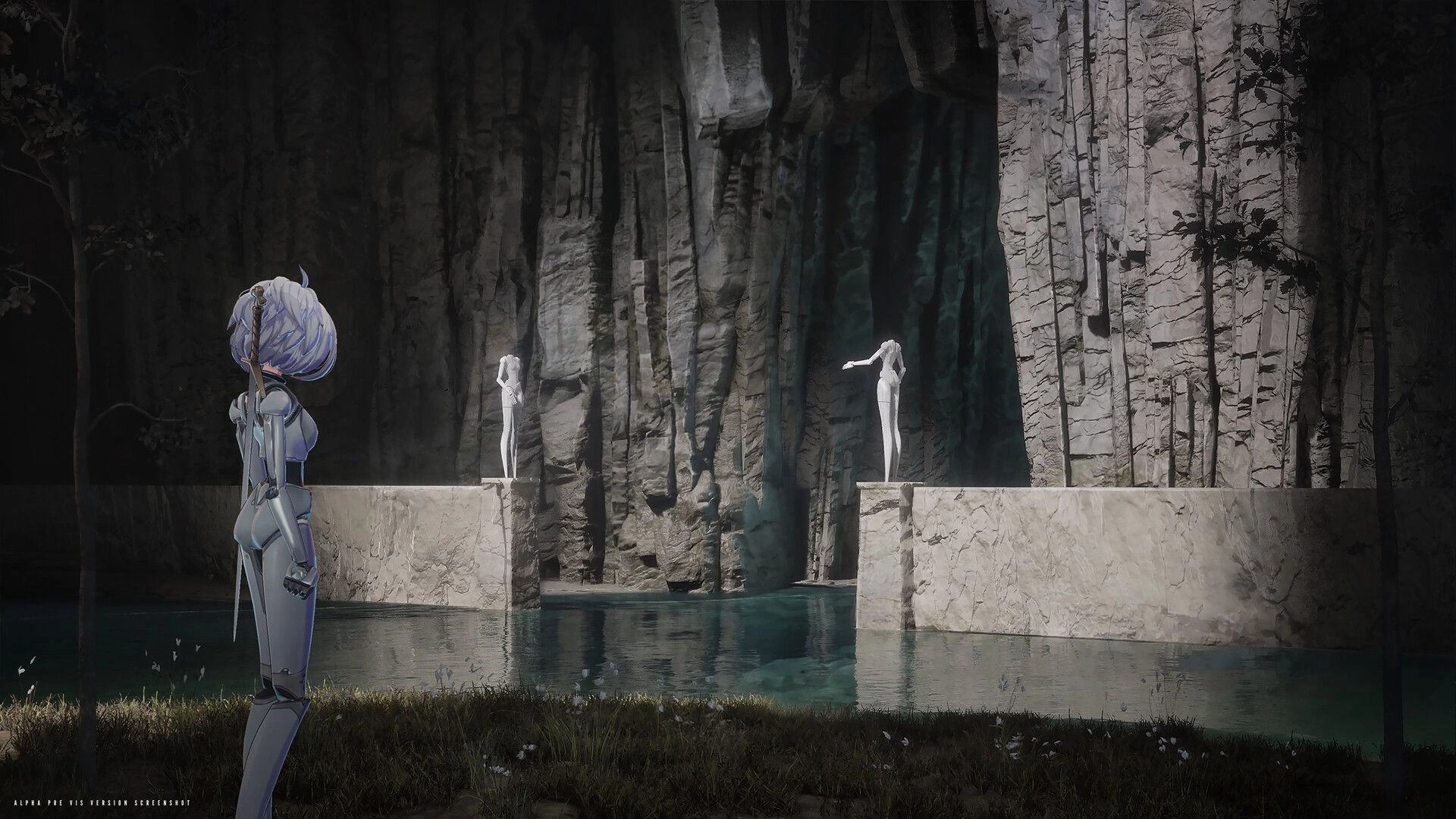 Cherubim: White-haired armored knight by a pool facing pale statues on marble plinths in a cavern.