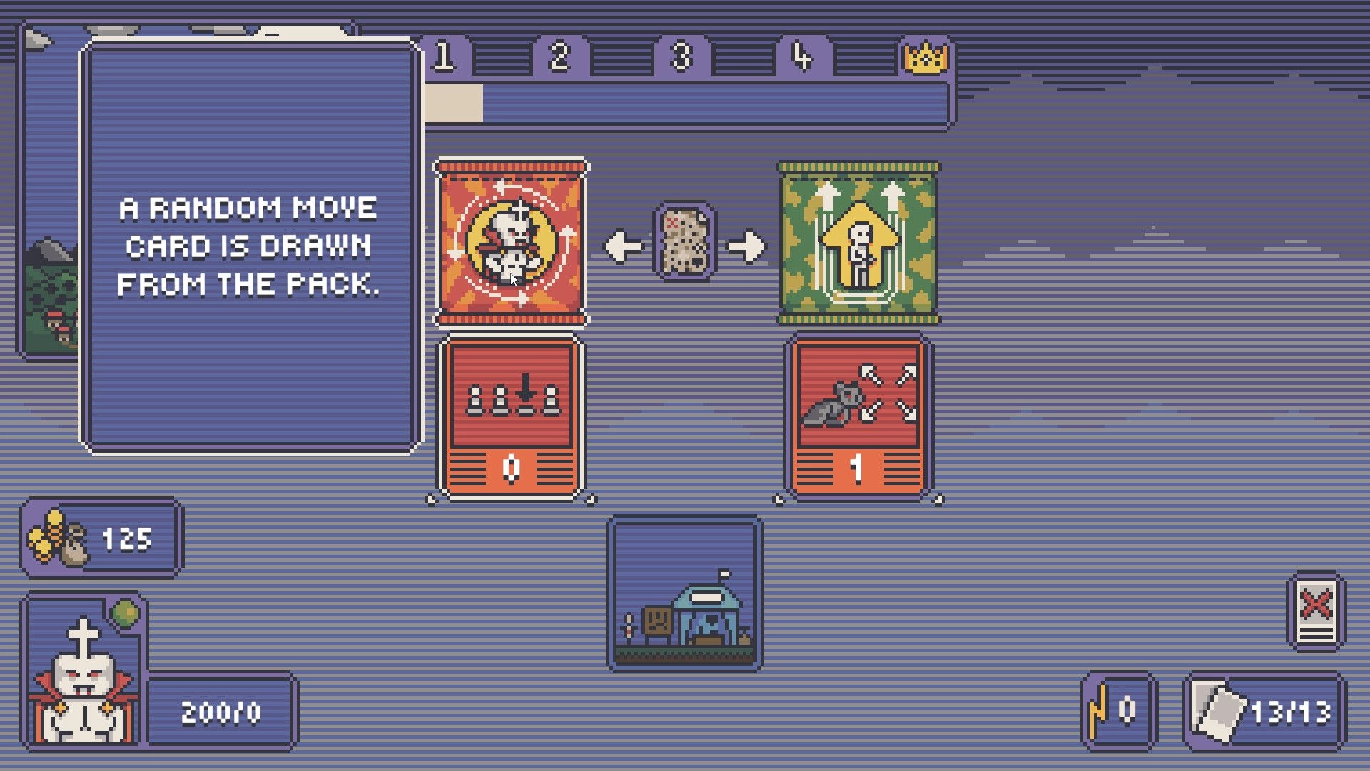 Chess Hunt: Random move card drawn, displaying four cards with character stats in striped interface