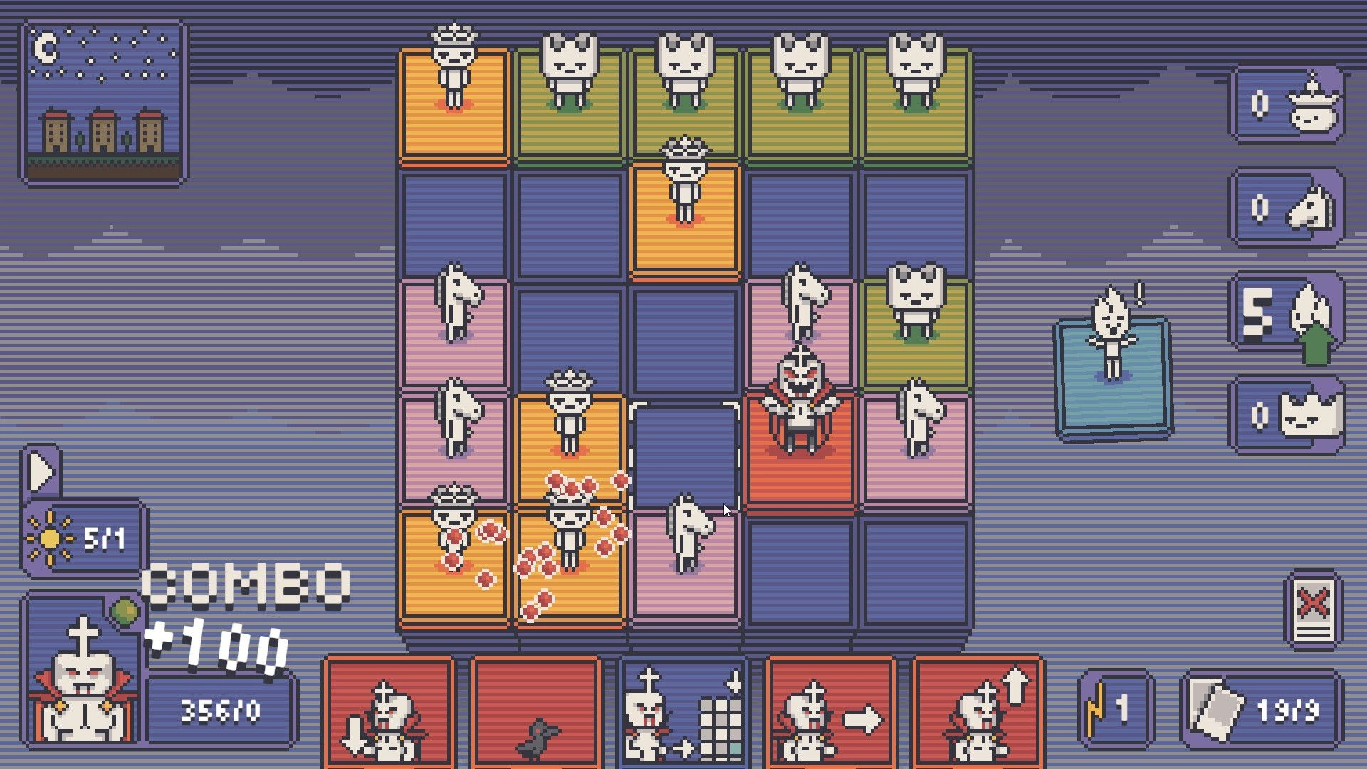 Chess Hunt: Puzzle grid with various chess pieces on colored tiles and combo score displayed